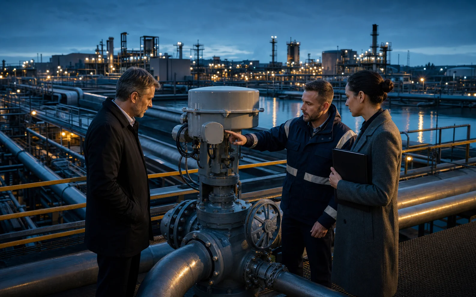 Trois professionnels inspectent un actionneur de vanne dans une grande installation industrielle au crépuscule