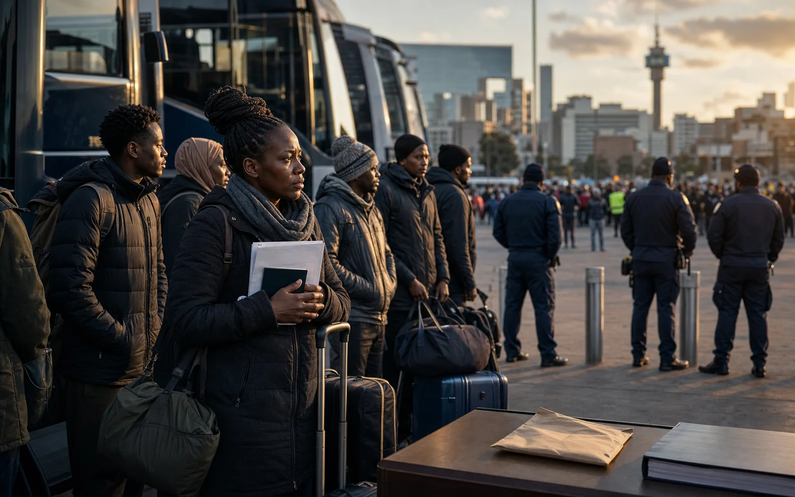 Des voyageurs africains avec leurs bagages attendent près de bus sous la protection de policiers à Johannesburg