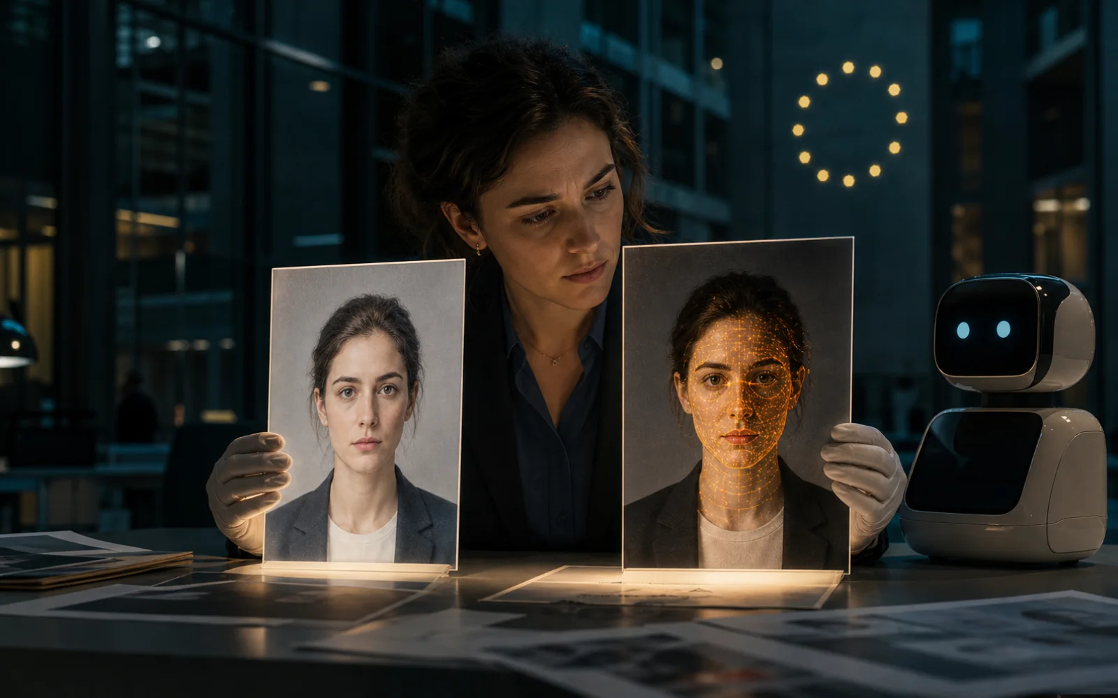 Une éditrice compare un portrait authentique et son double synthétique marqué devant un assistant robotique