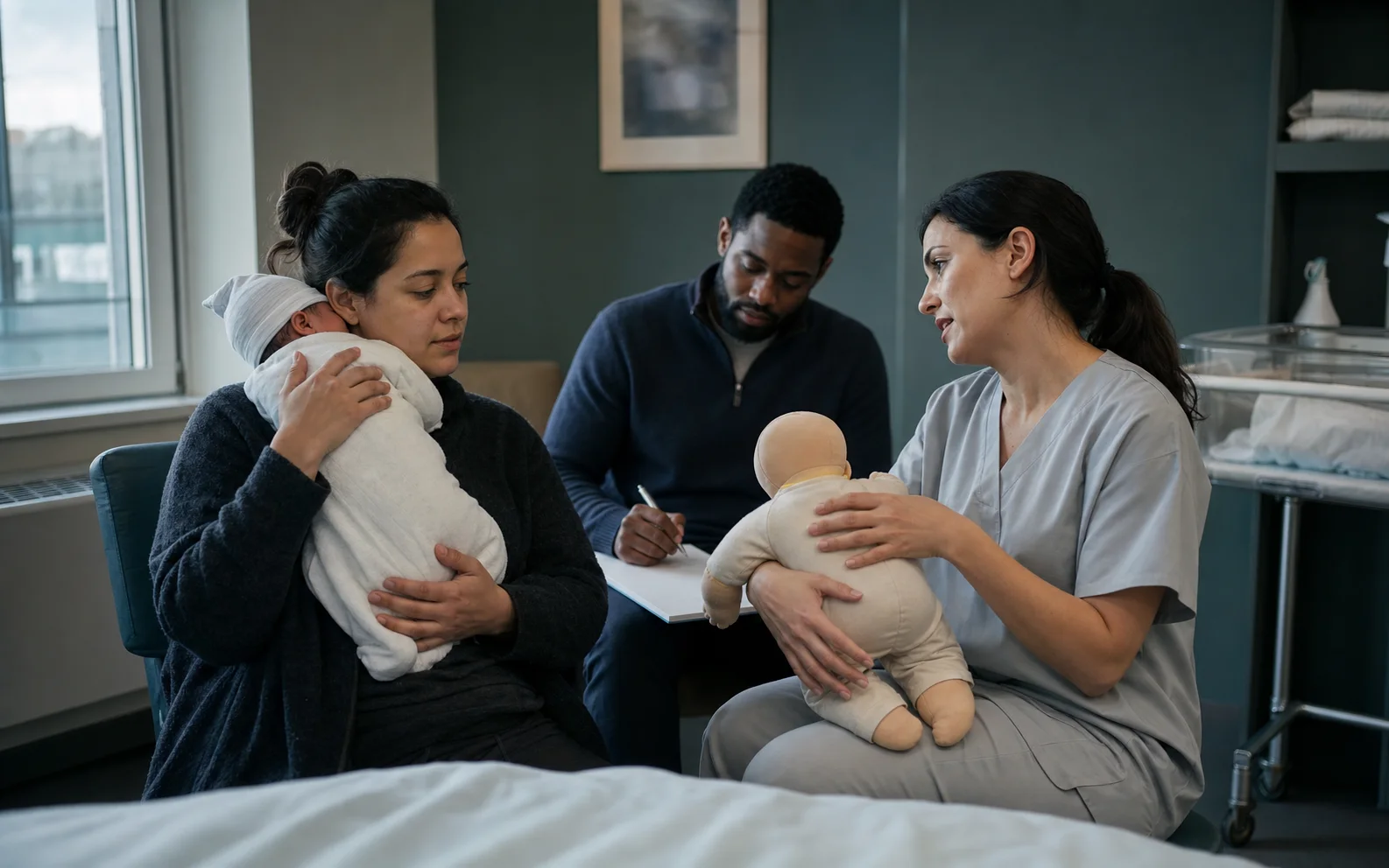 Une mère avec son nouveau-né écoute une conseillère en lactation dans une maternité