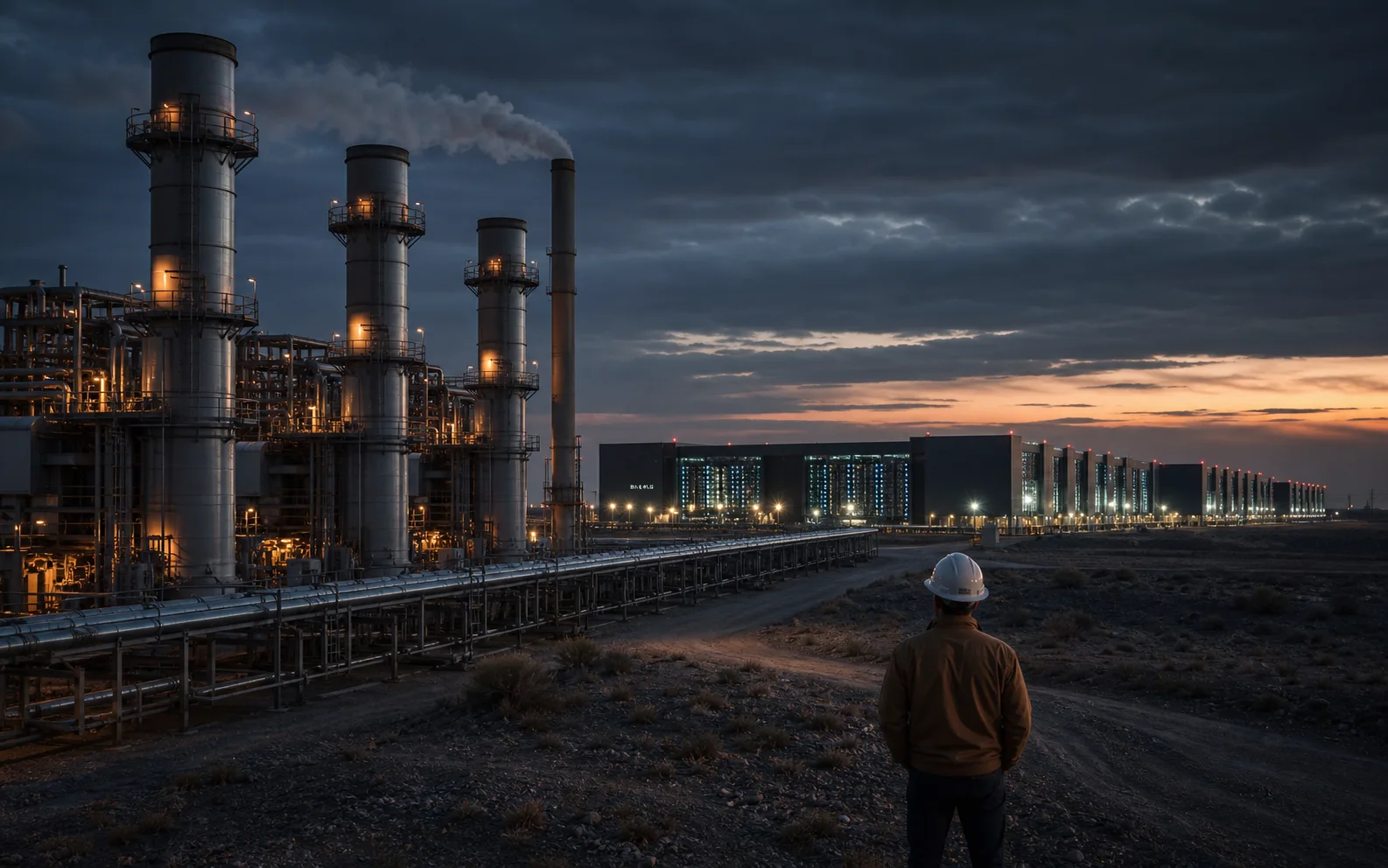 Centrale à turbines à gaz reliée à un vaste campus de centres de données dans le désert texan au crépuscule
