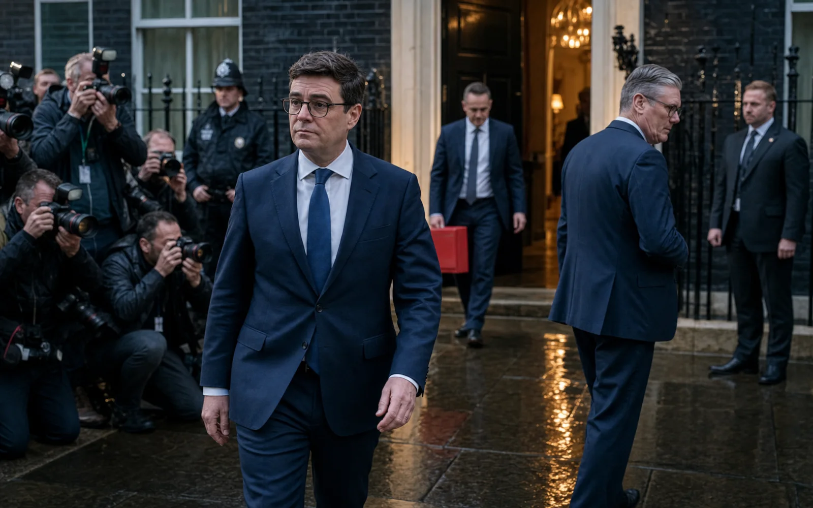 Andy Burnham avance devant Downing Street tandis que Keir Starmer s’éloigne sous les flashes de la presse