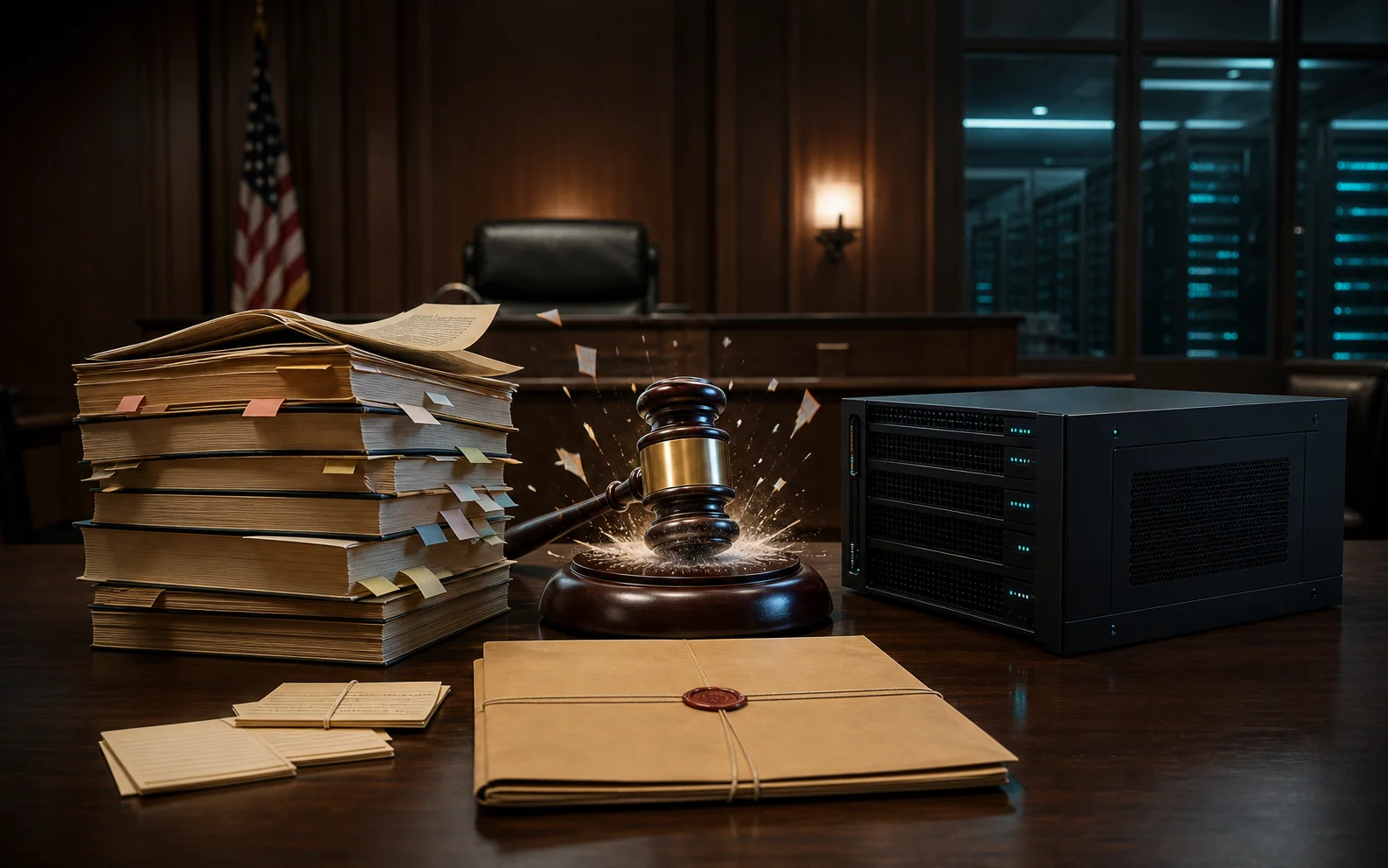 Un marteau de juge sépare une pile de livres annotés d’un serveur d’intelligence artificielle dans un tribunal
