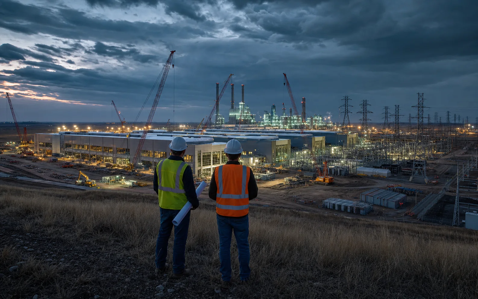 Deux ingénieurs observent le chantier d’un centre de données et de sa centrale électrique au Texas