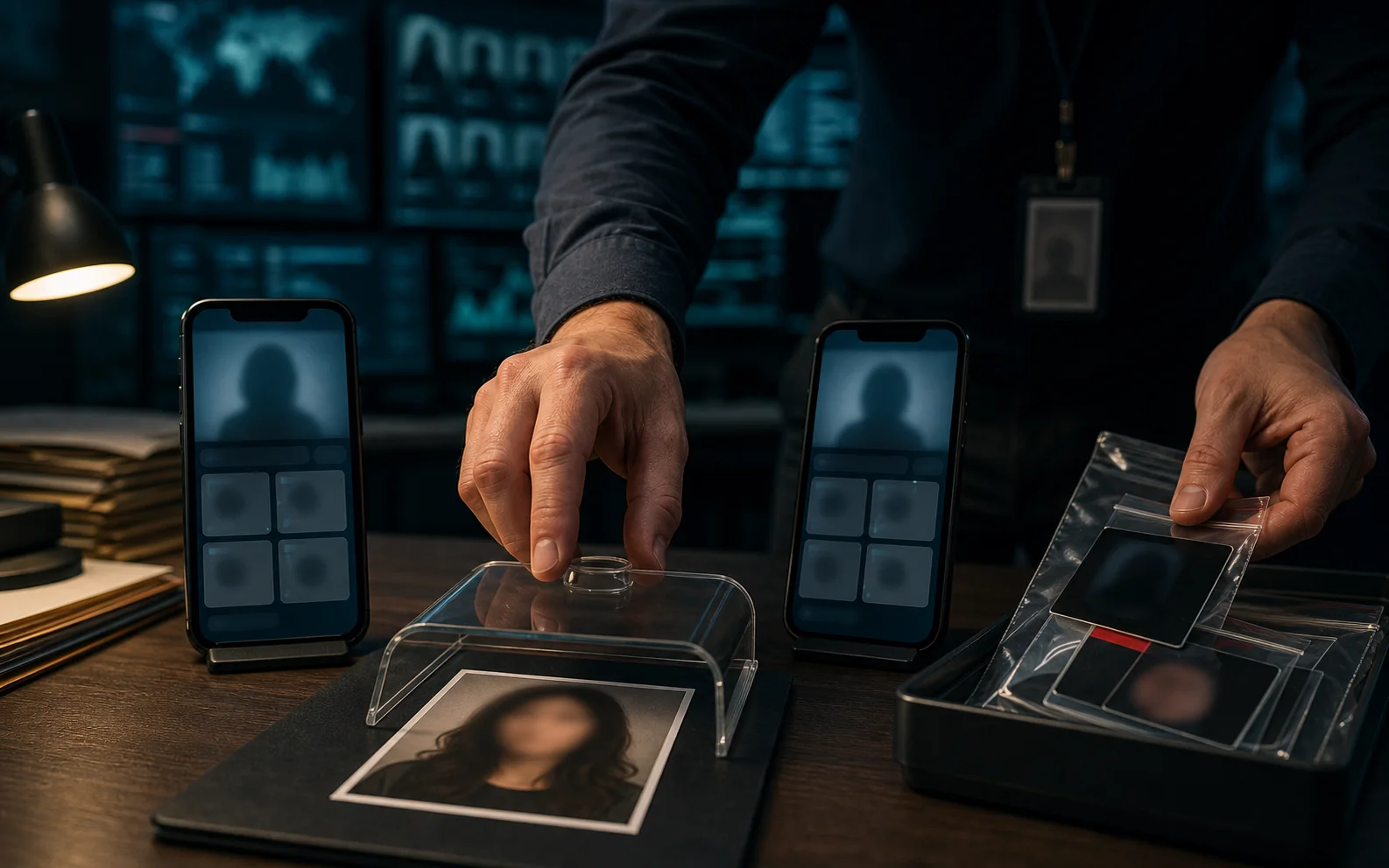 Un enquêteur protège un portrait tandis que des applications suspectes sont retirées de deux téléphones