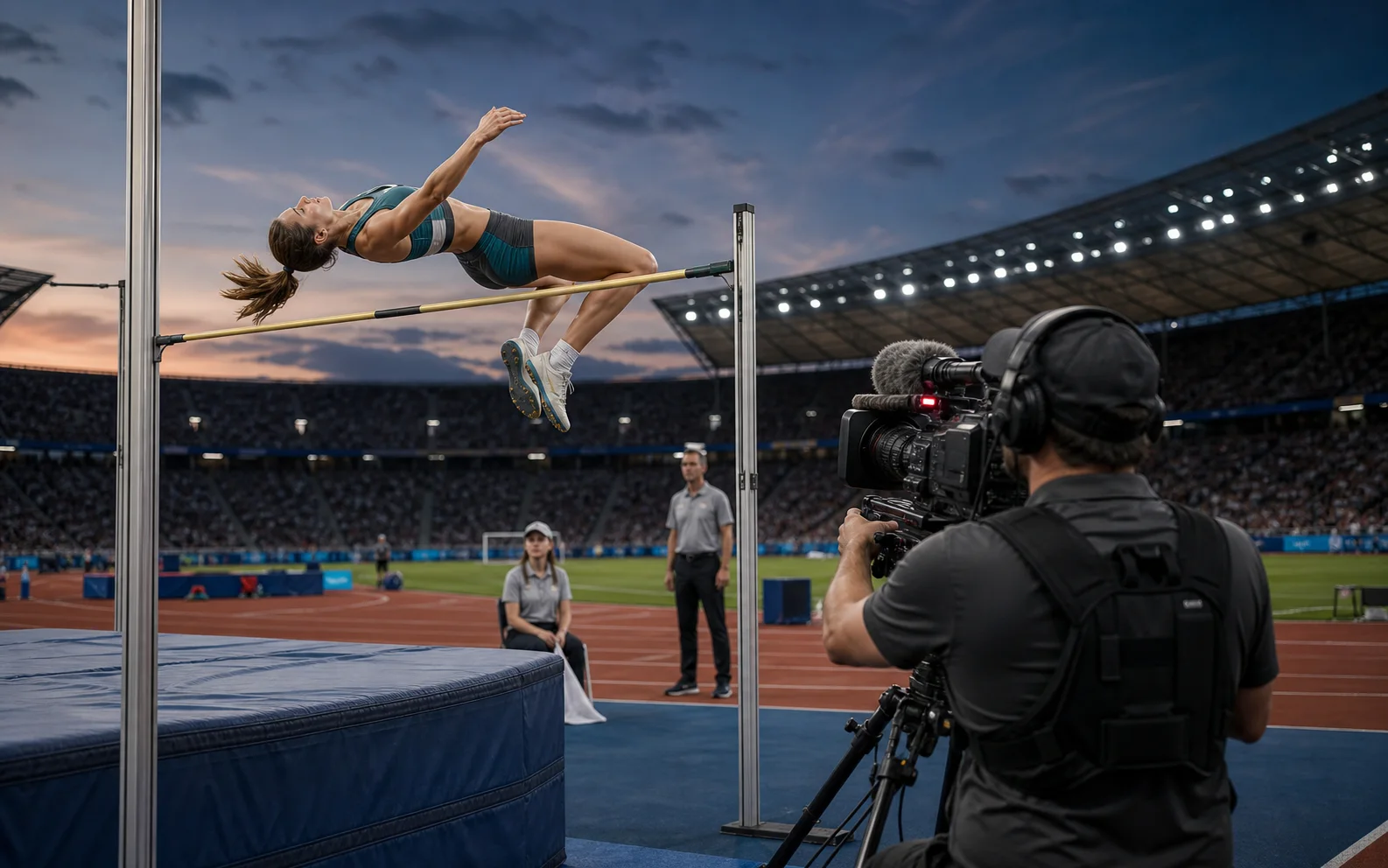 Sauteuse en hauteur franchissant la barre tandis qu’un cadreur la filme de côté dans un stade