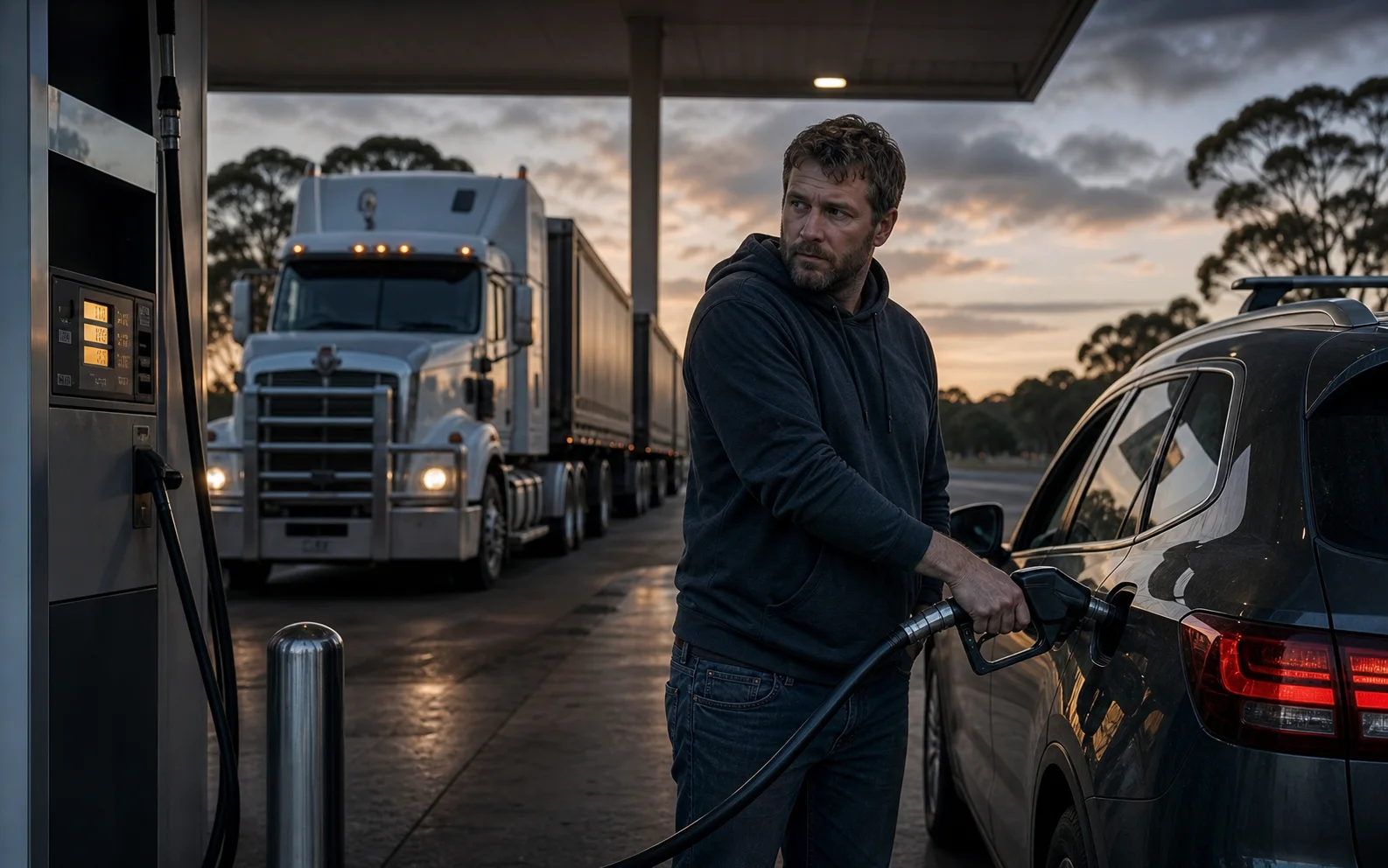 Un automobiliste fait le plein à l’aube devant un camion routier dans une station australienne