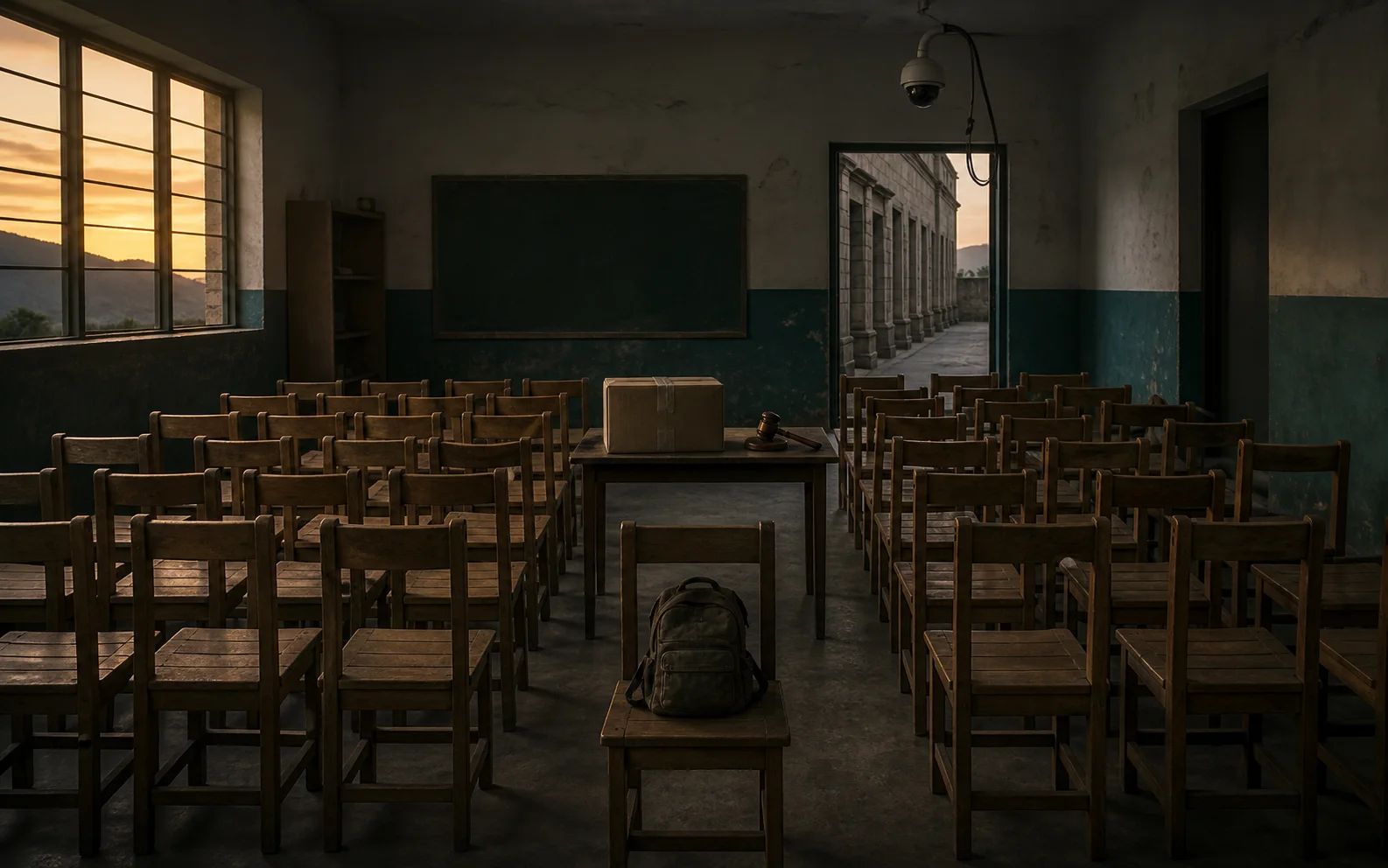 Quarante-trois chaises vides dans une école rurale, face à une caméra de surveillance au câble coupé