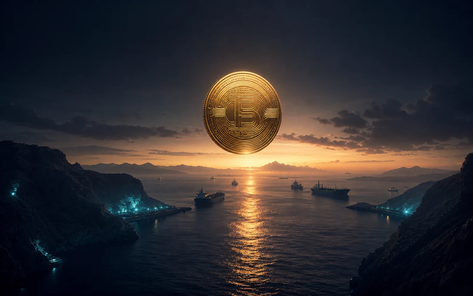 Un bitcoin lumineux surplombe un détroit maritime au lever du jour