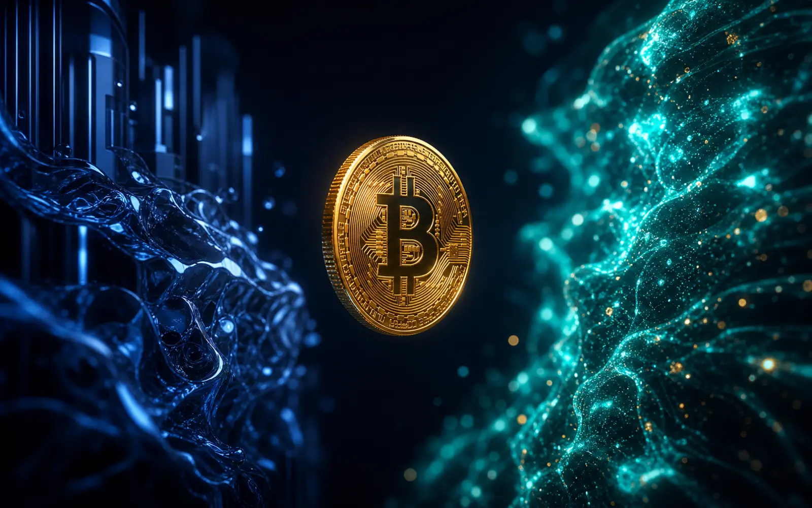 Une pièce Bitcoin entre une liquidité institutionnelle bleue et un marché mondial turquoise