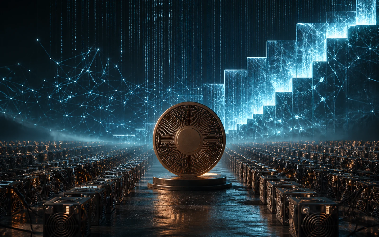 Ferme de minage sombre traversée par des paliers lumineux symbolisant la difficulté de Bitcoin