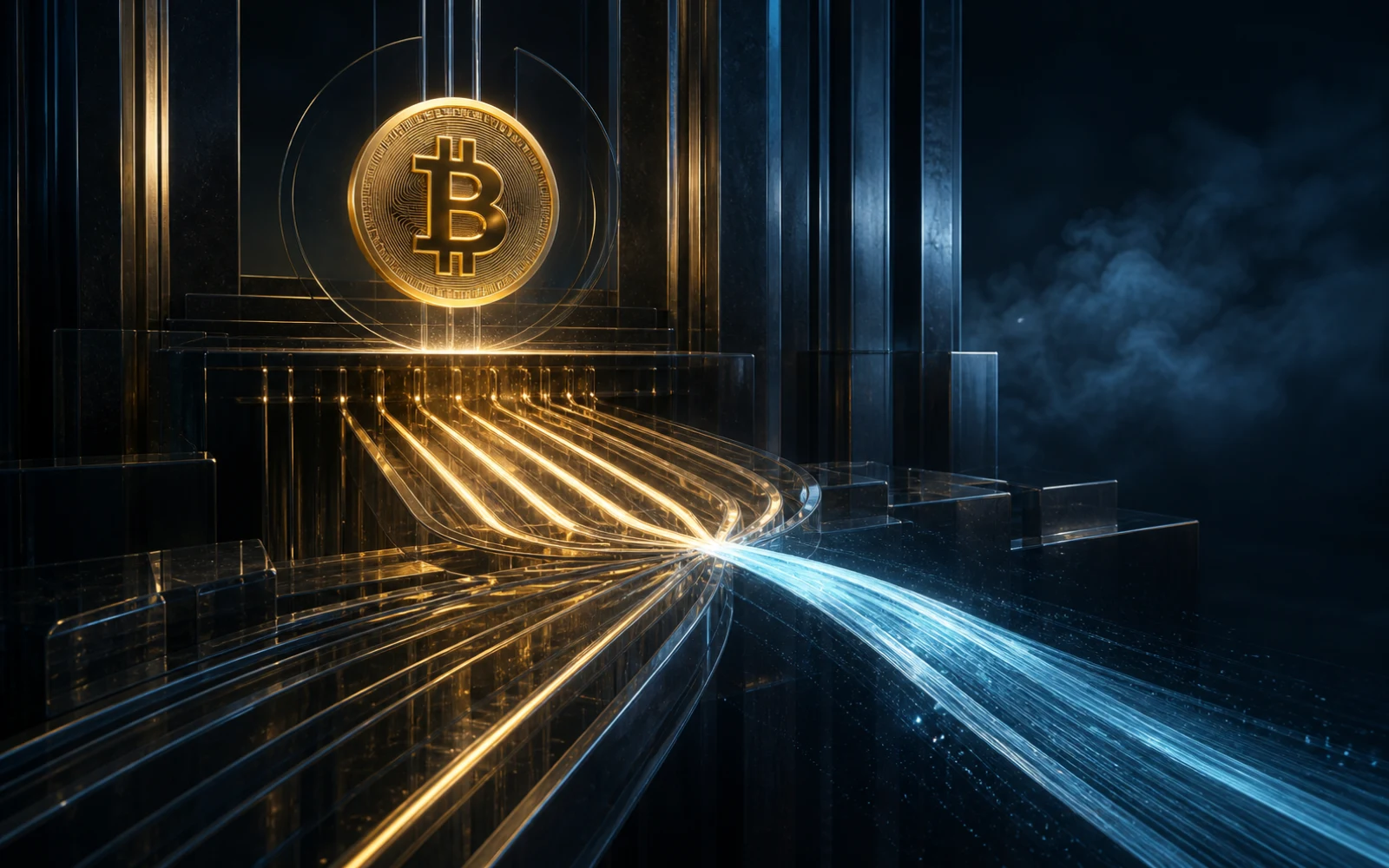 Flux dorés et bleus s’inversant autour d’un symbole Bitcoin dans une architecture financière sombre