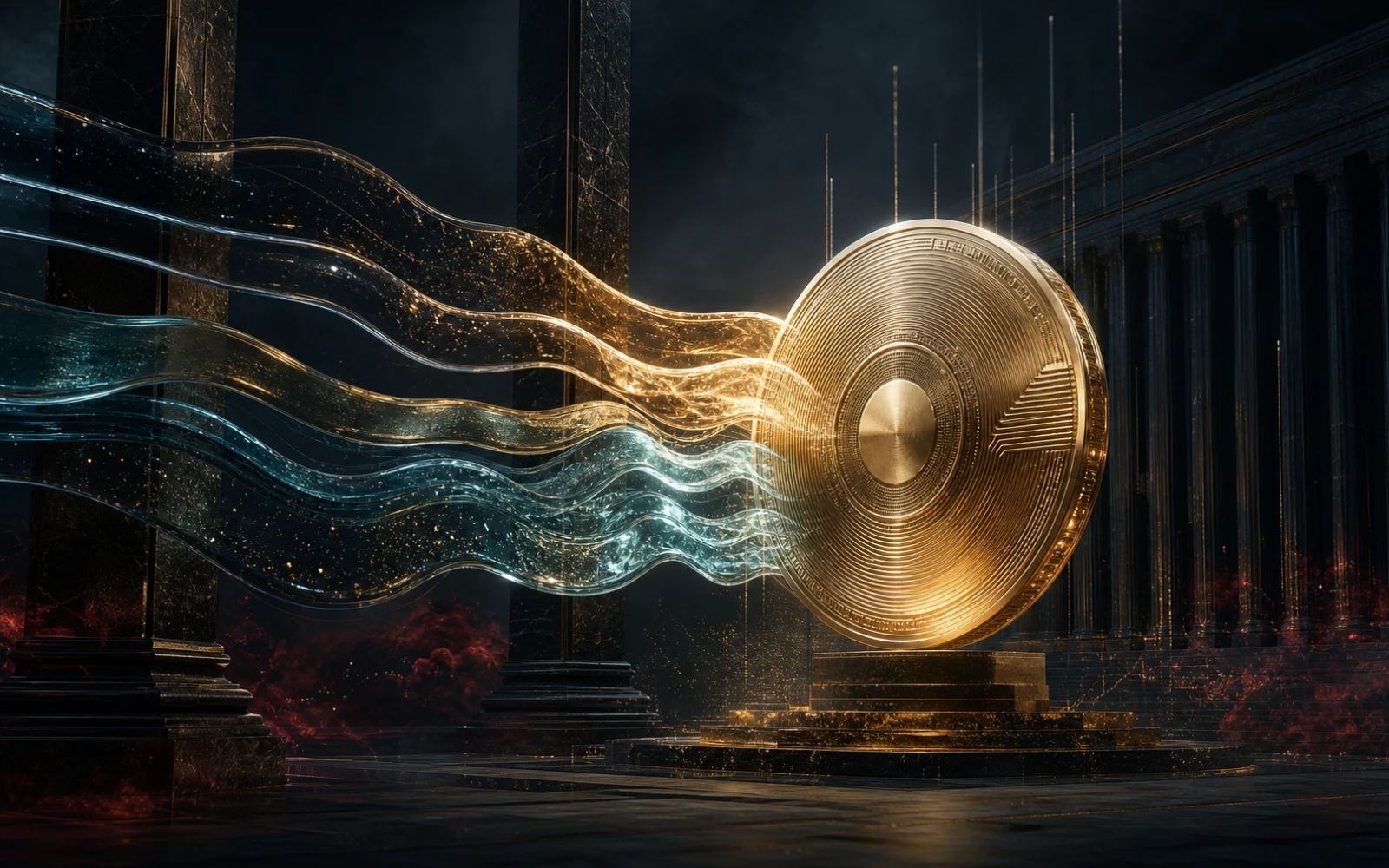 Flux de capitaux lumineux convergeant vers un actif numérique métallique dans une architecture financière sombre
