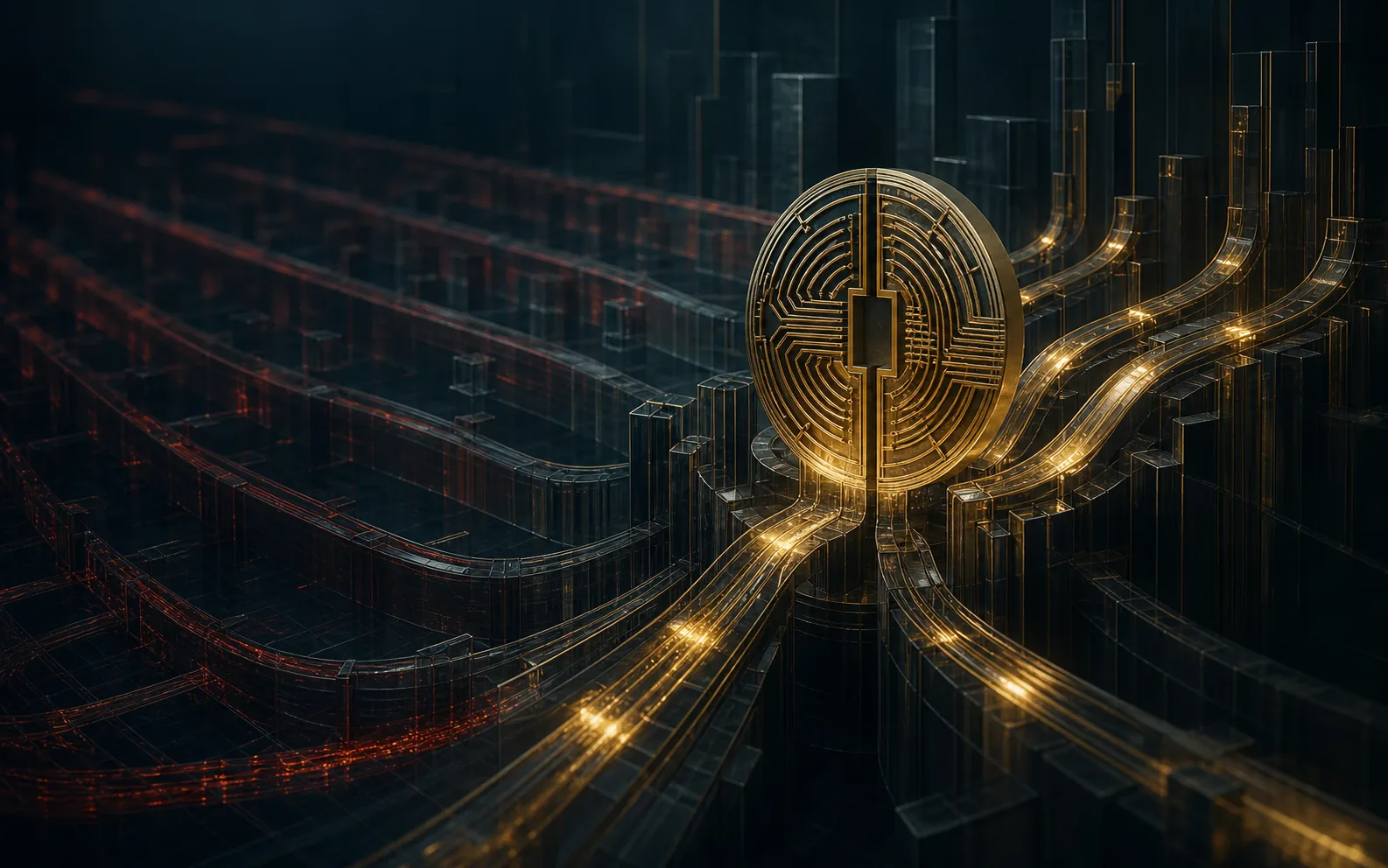 Des flux dorés convergent vers un actif numérique abstrait dans une architecture financière sombre