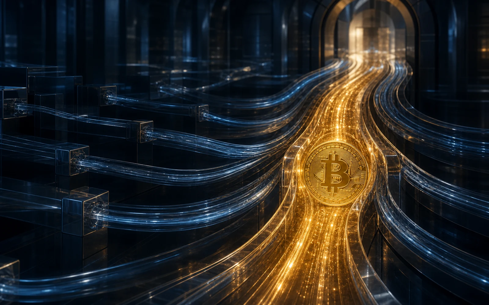 Des flux institutionnels bleus convergent vers un canal Bitcoin doré dominant