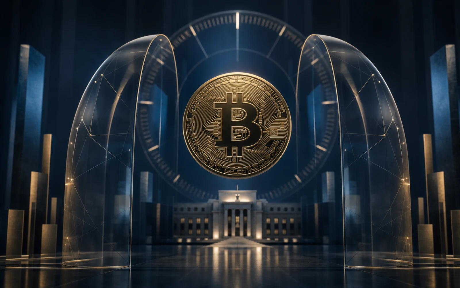 Une pièce Bitcoin dorée entre deux arches de verre devant une horloge institutionnelle