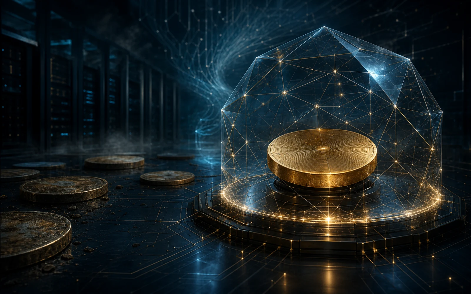Un actif numérique doré protégé par une structure cryptographique, tandis que d’anciennes pièces restent exposées