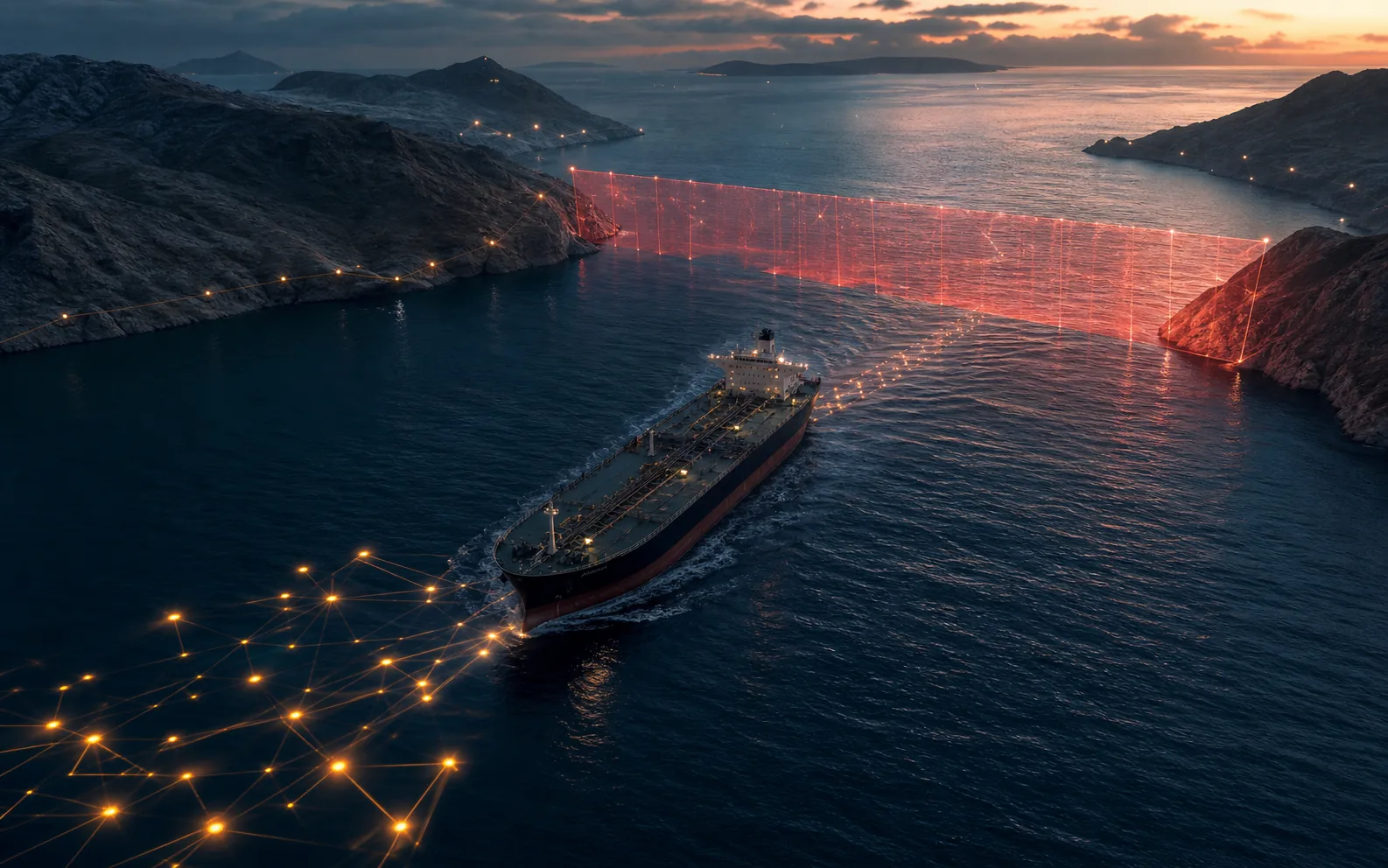 Un pétrolier traverse un détroit devant une barrière lumineuse abstraite reliée à un réseau numérique