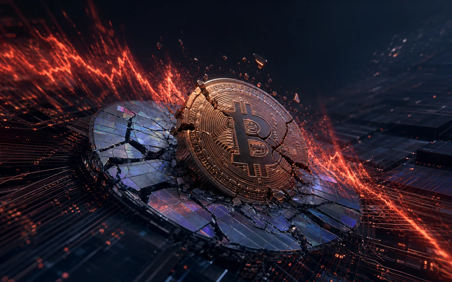 Pièce Bitcoin fracturée sur une galette de silicium traversée par une onde de marché rouge