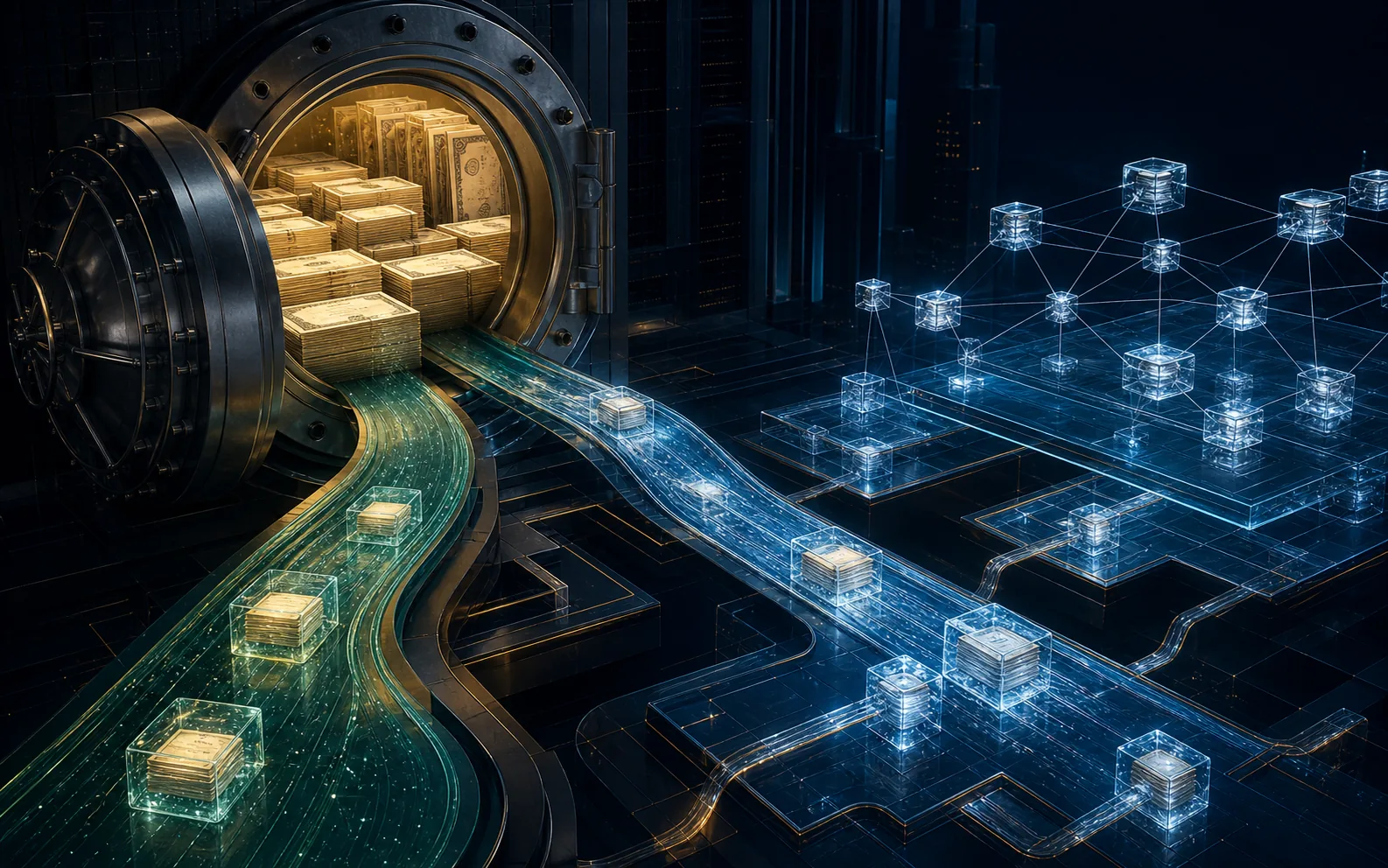 Un coffre institutionnel distribue deux flux de liquidités vers un réseau blockchain