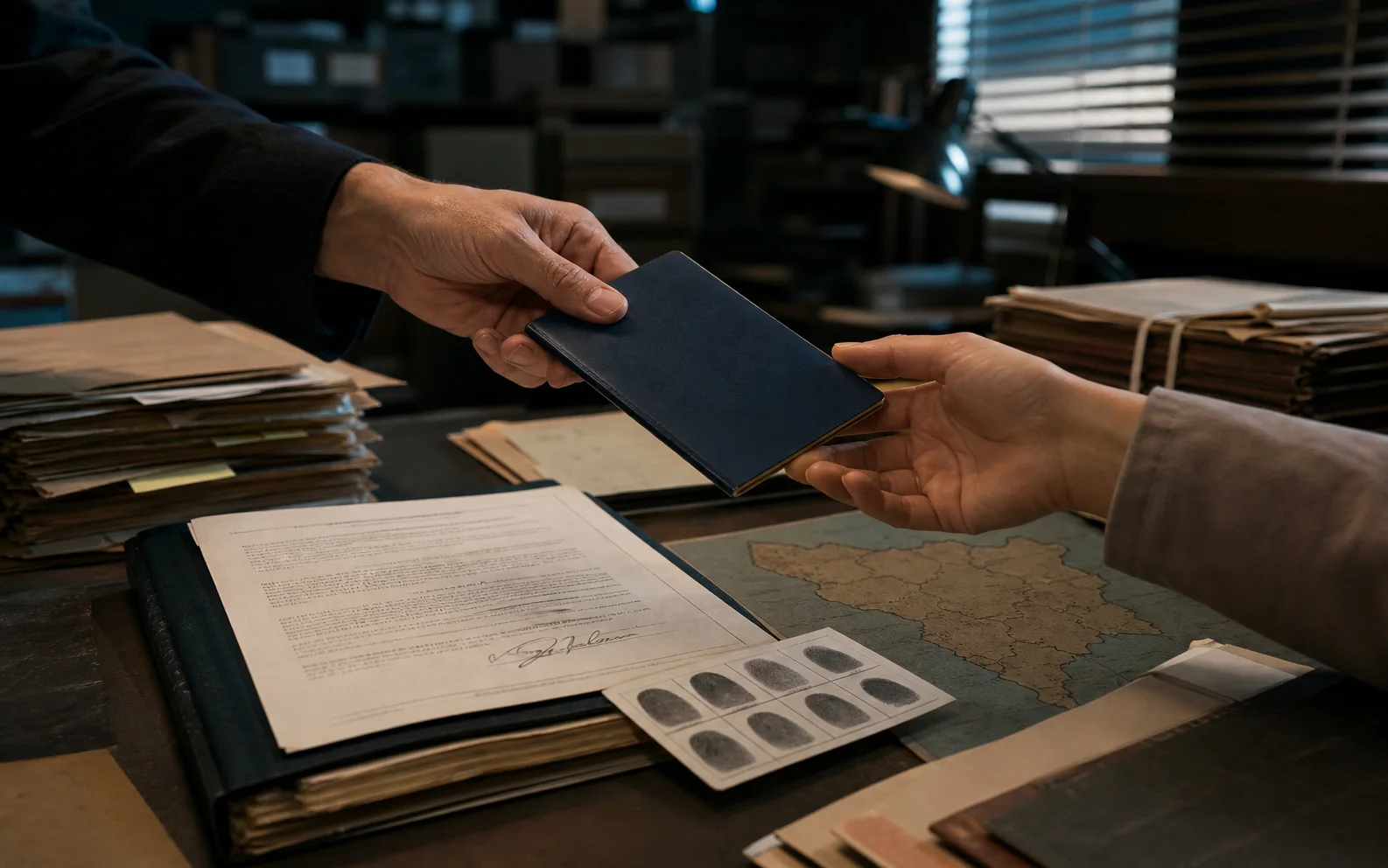 Deux mains se transmettent un passeport sans inscription au-dessus d’un dossier judiciaire, d’empreintes et d’une carte de Bosnie