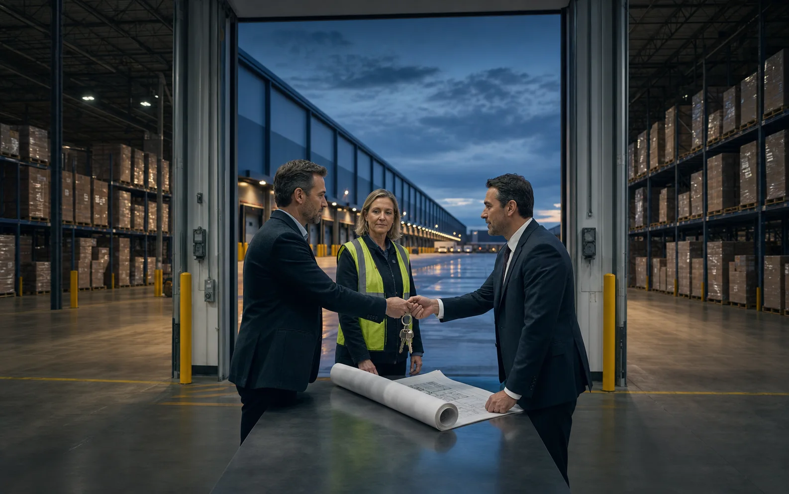 Deux investisseurs échangent les clés d’un vaste entrepôt sous le regard d’une responsable logistique