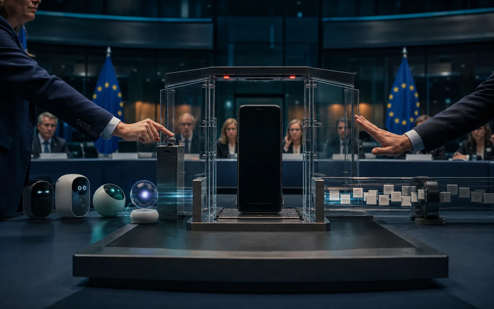 Téléphone enfermé dans une cage transparente que des régulateurs européens ouvrent à plusieurs assistants IA