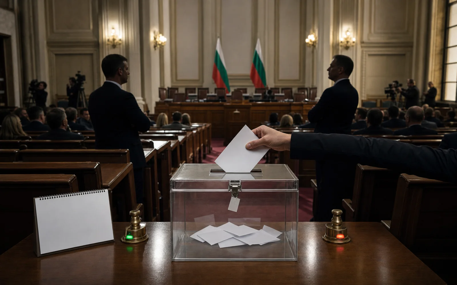 Une main glisse un bulletin dans une urne au centre du Parlement bulgare