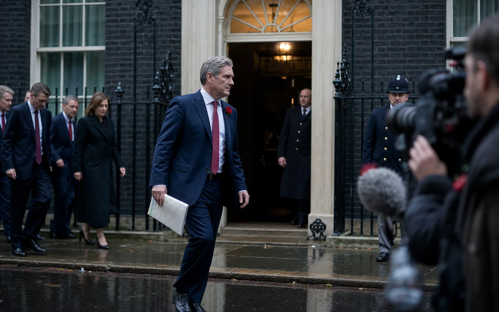 Un nouveau dirigeant britannique marche devant Downing Street sous les objectifs de la presse
