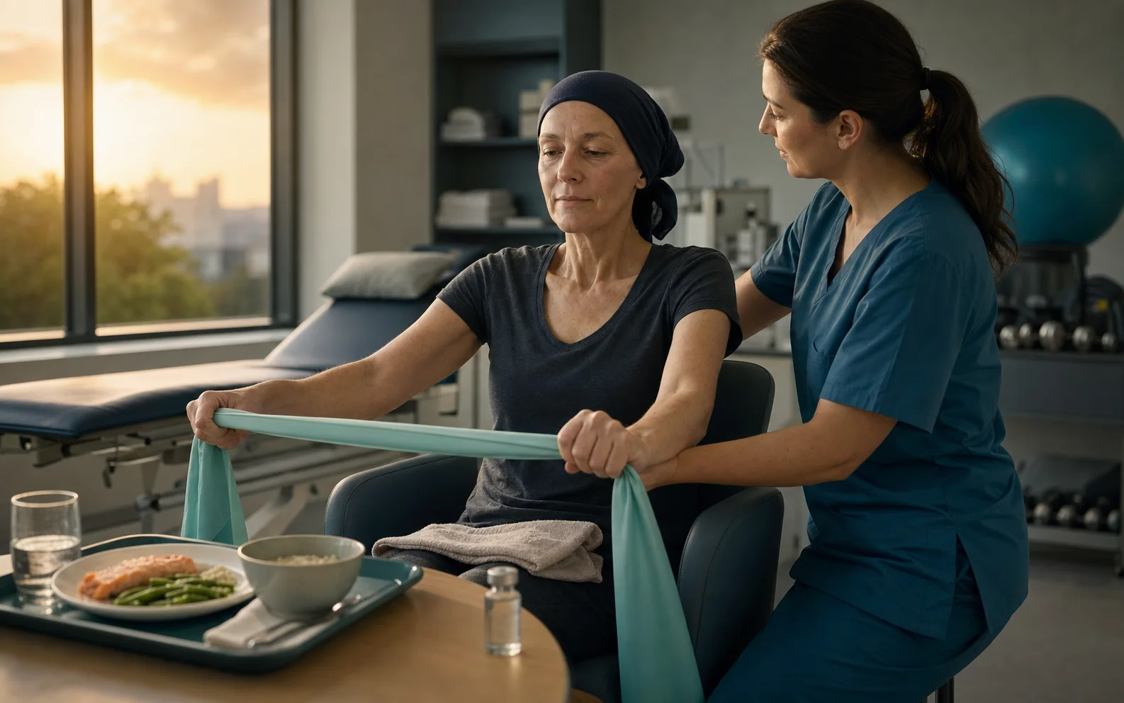 Patient atteint de cancer faisant un exercice de renforcement accompagné par une soignante dans une unité d’oncologie