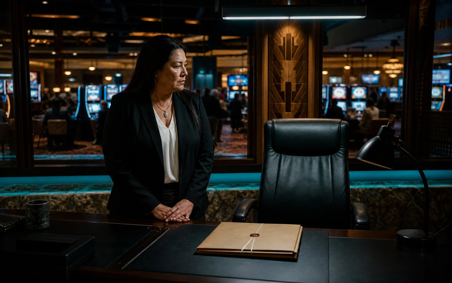 Une administratrice de casino tribal observe un fauteuil réglementaire vide devant une salle de jeux
