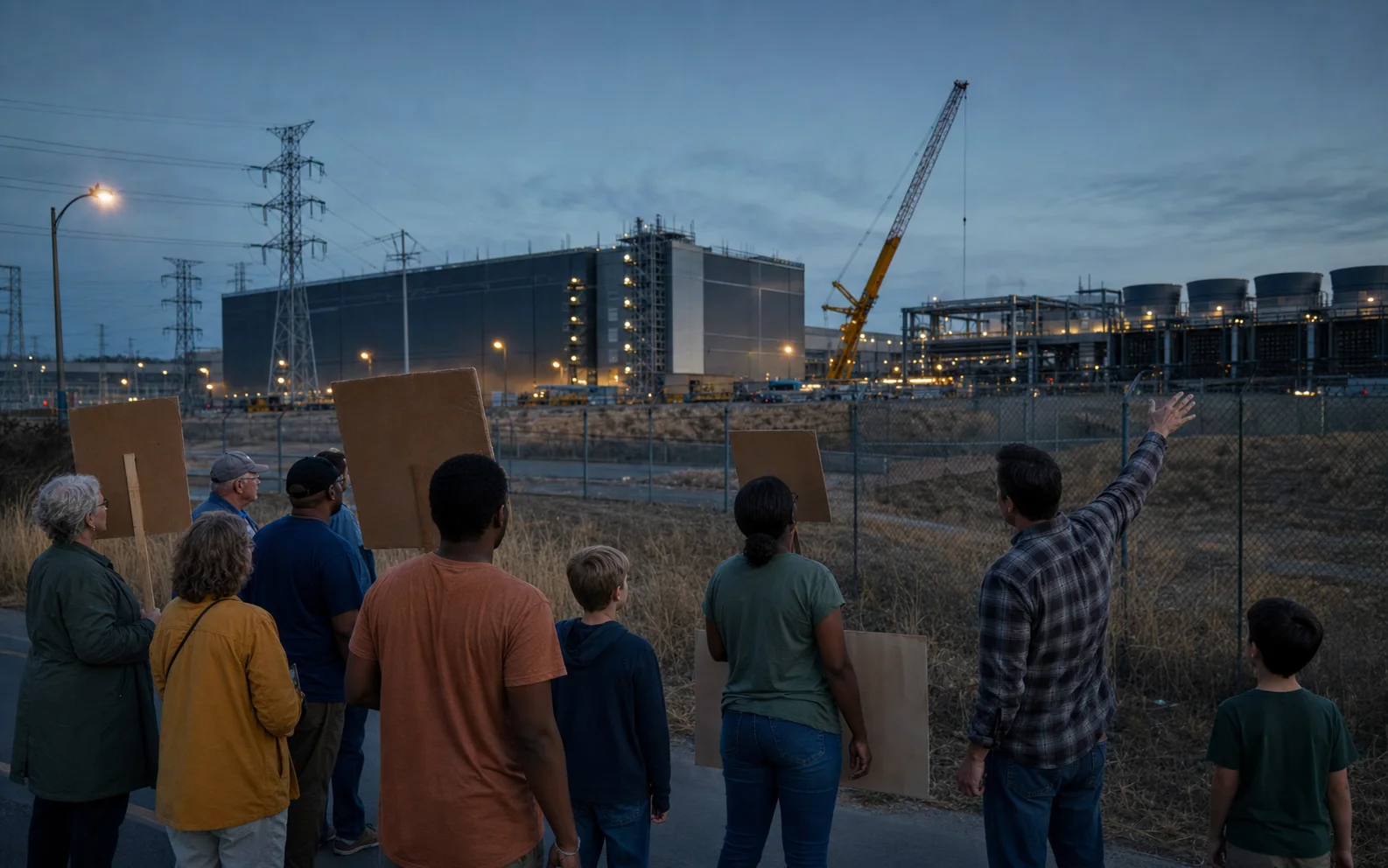 Des habitants munis de pancartes vierges font face à un immense centre de données en construction au crépuscule