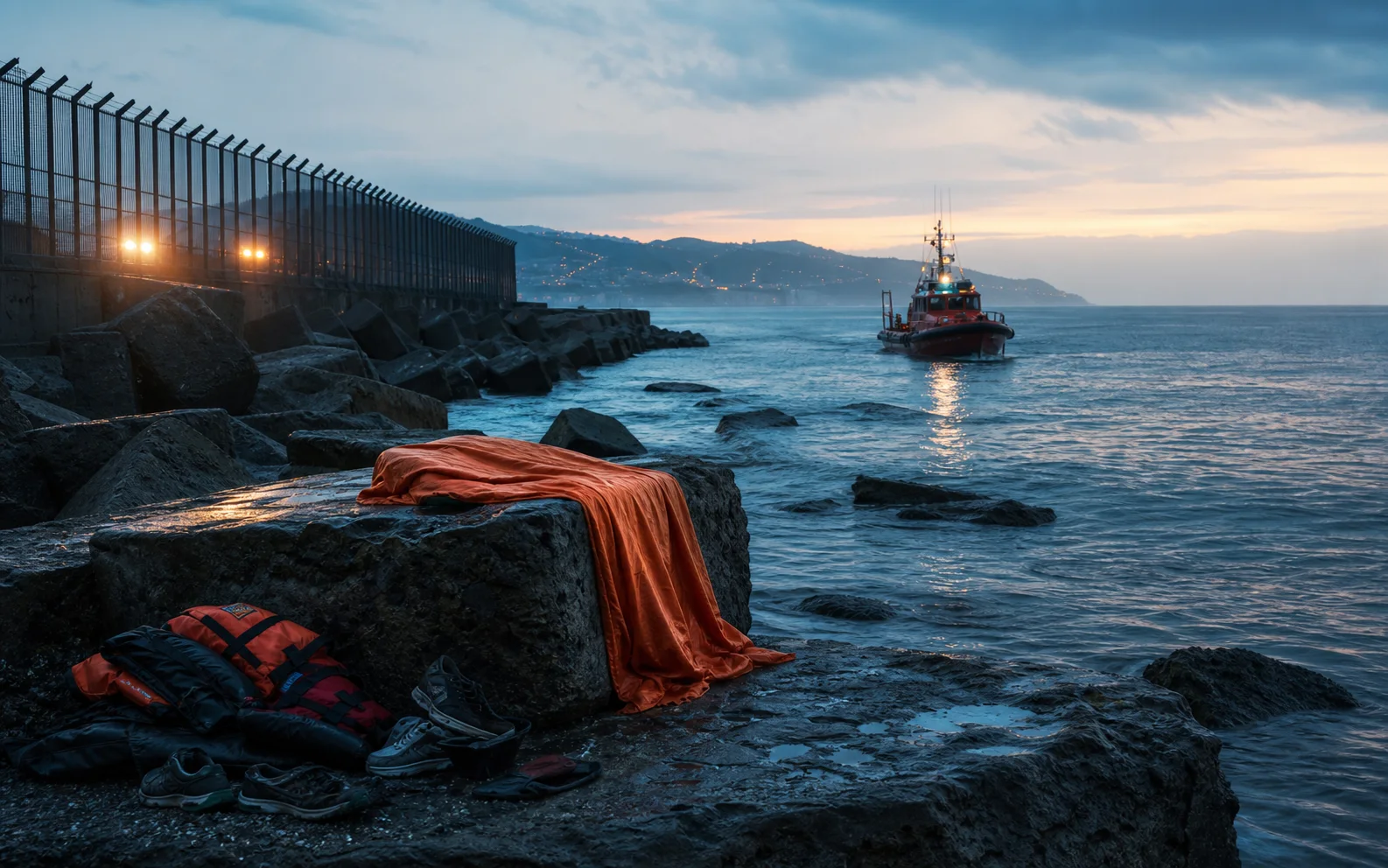 Digue humide de Tarajal bordée d’une clôture, avec une couverture de secours et un bateau au large