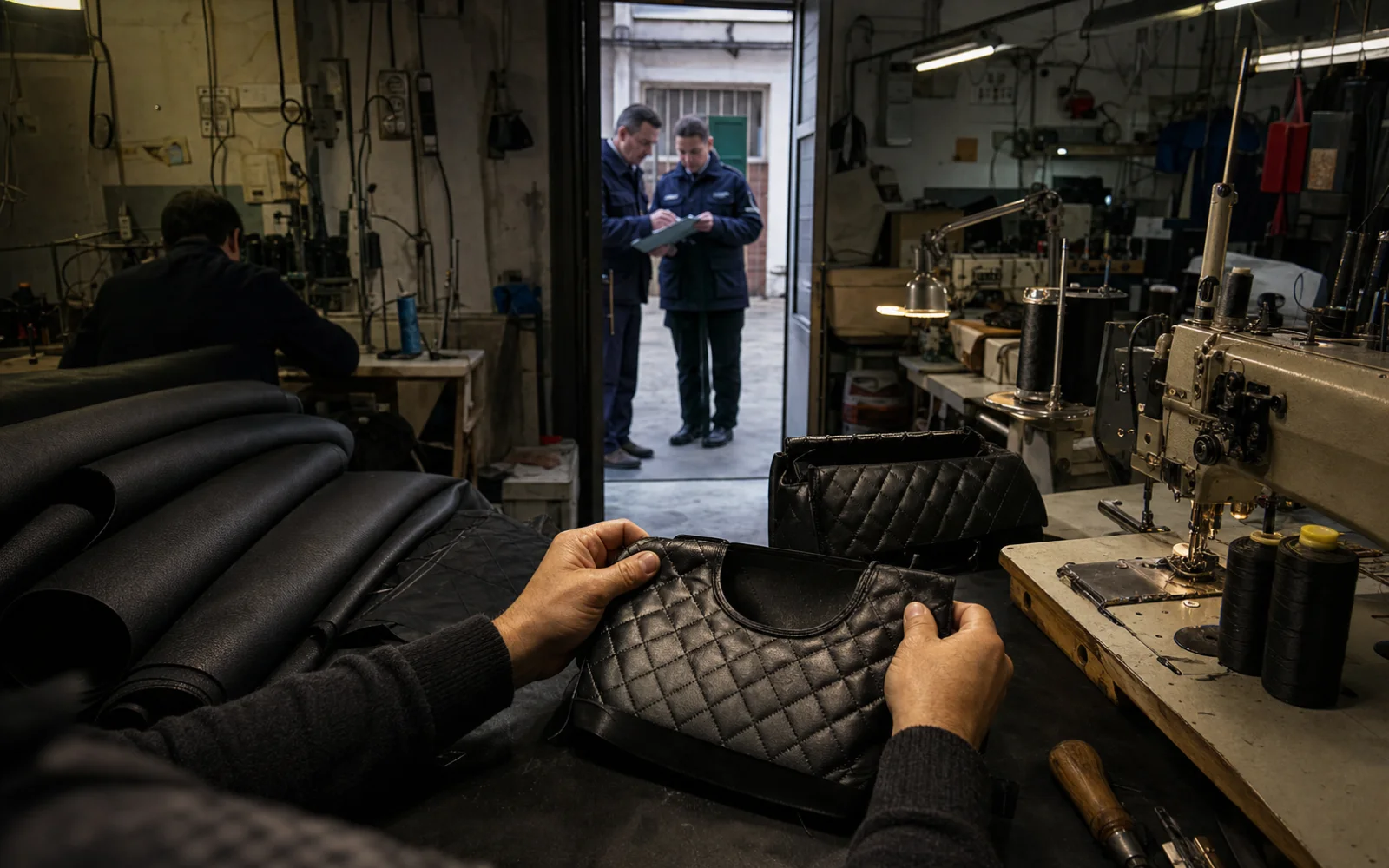 Un artisan tient un sac sans marque dans un atelier de maroquinerie pendant que deux inspecteurs examinent les lieux