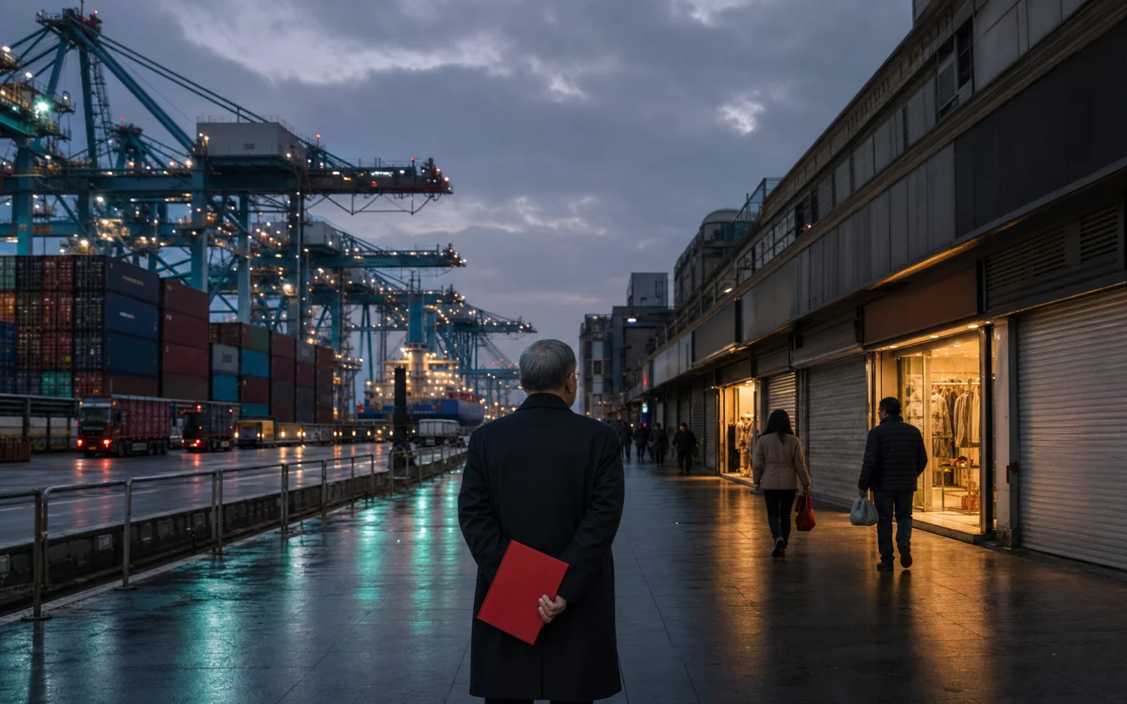 Un responsable chinois entre un port à conteneurs actif et une galerie commerciale peu fréquentée