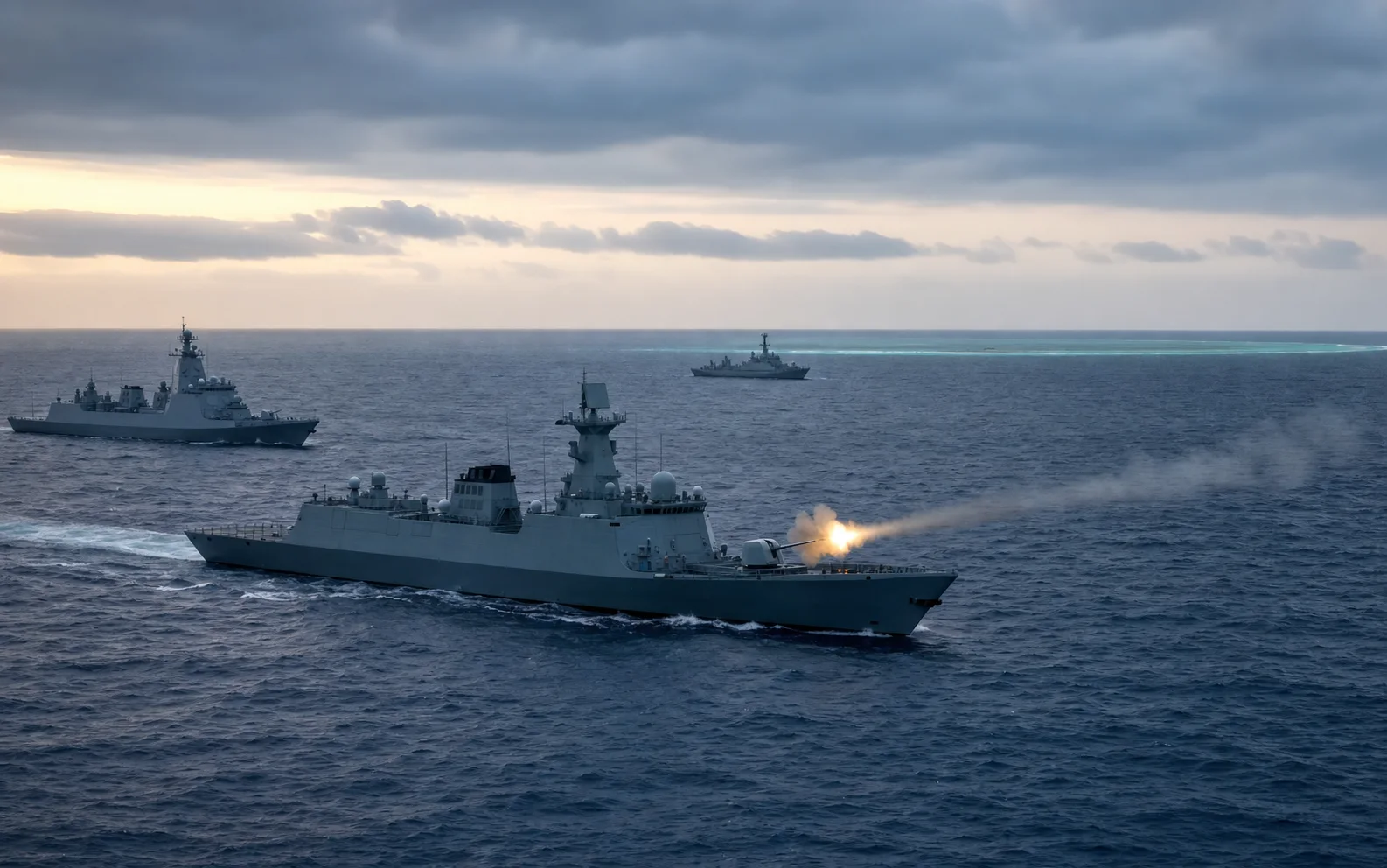 Un destroyer gris tire au canon en mer tandis que deux navires militaires restent à distance près d’un récif