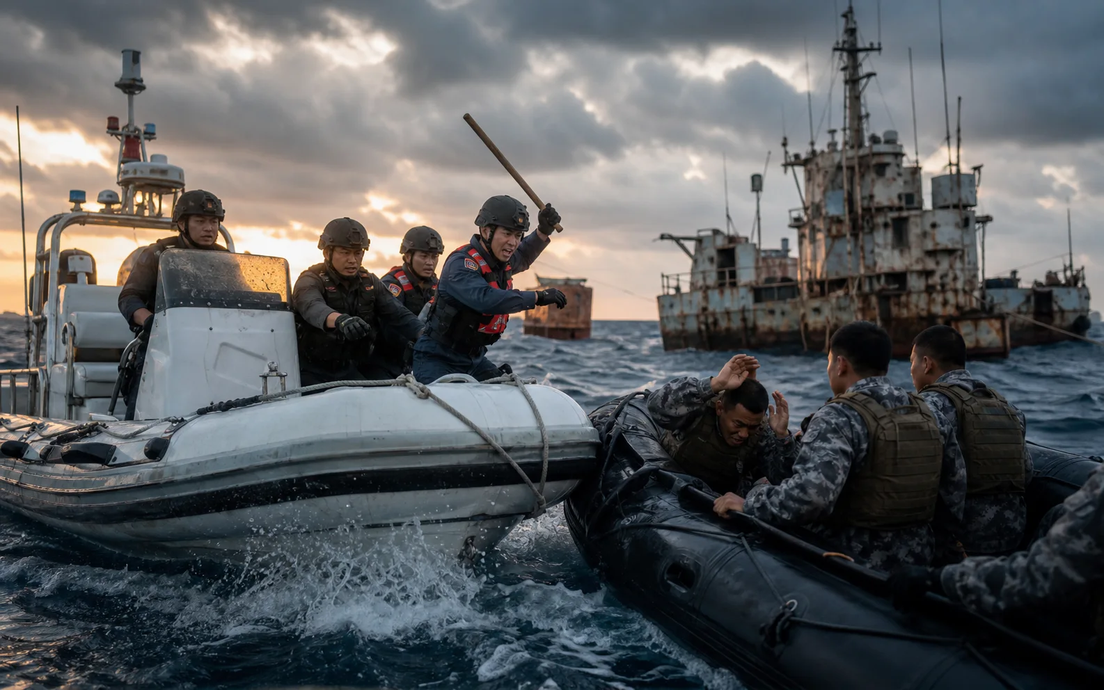 Deux embarcations chinoise et philippine au contact près du navire échoué au récif Second Thomas