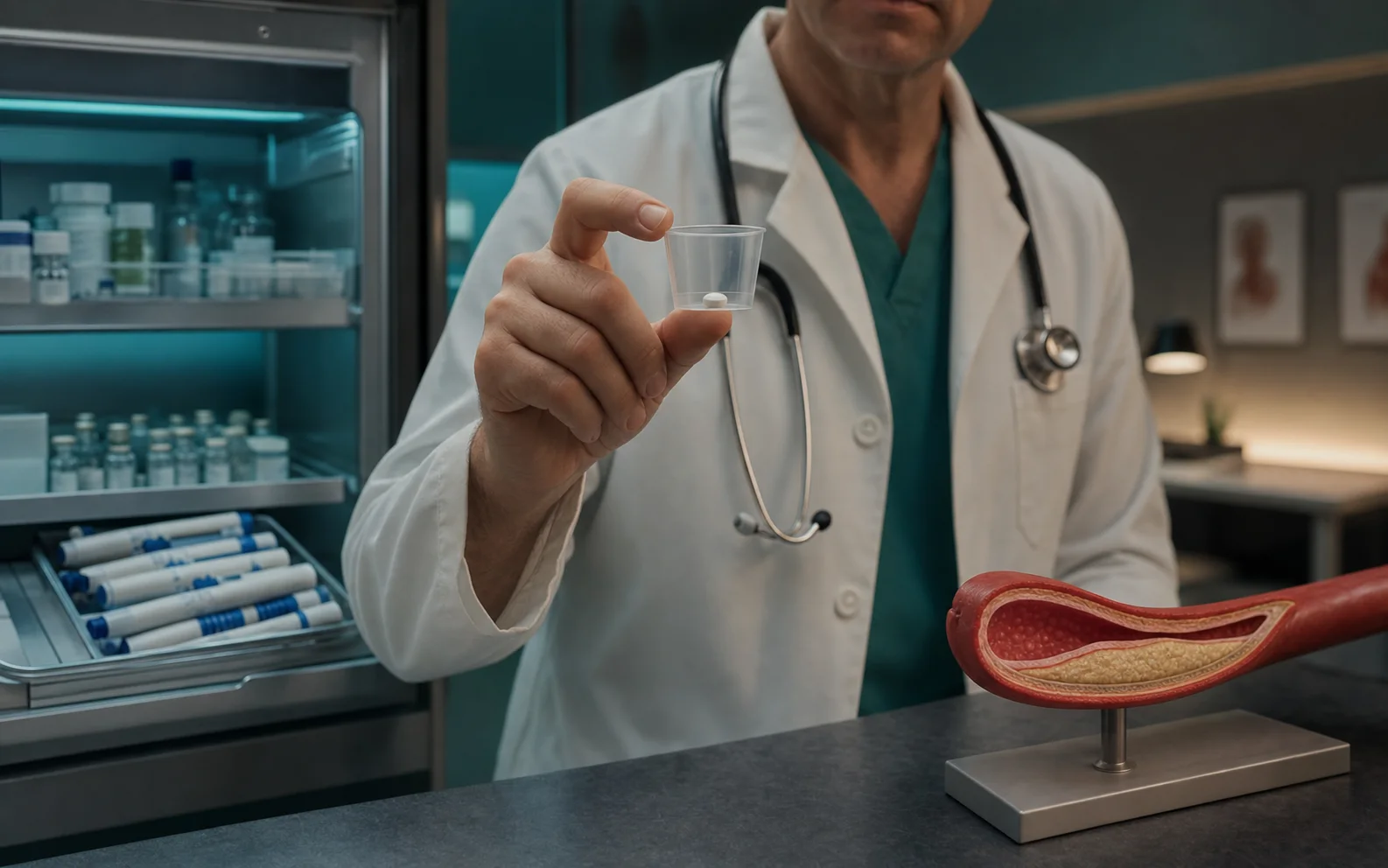 Un cardiologue présente un comprimé devant des stylos injecteurs et un modèle d’artère obstruée