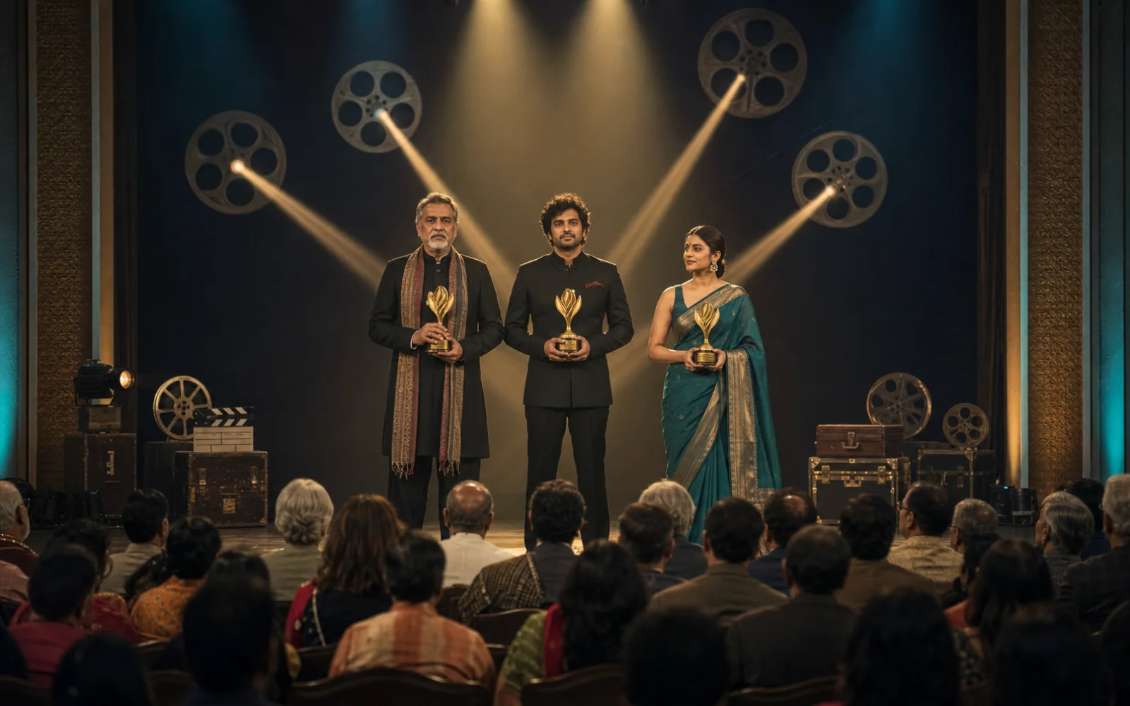 Trois professionnels du cinéma indien reçoivent des trophées sur une scène éclairée par des projecteurs