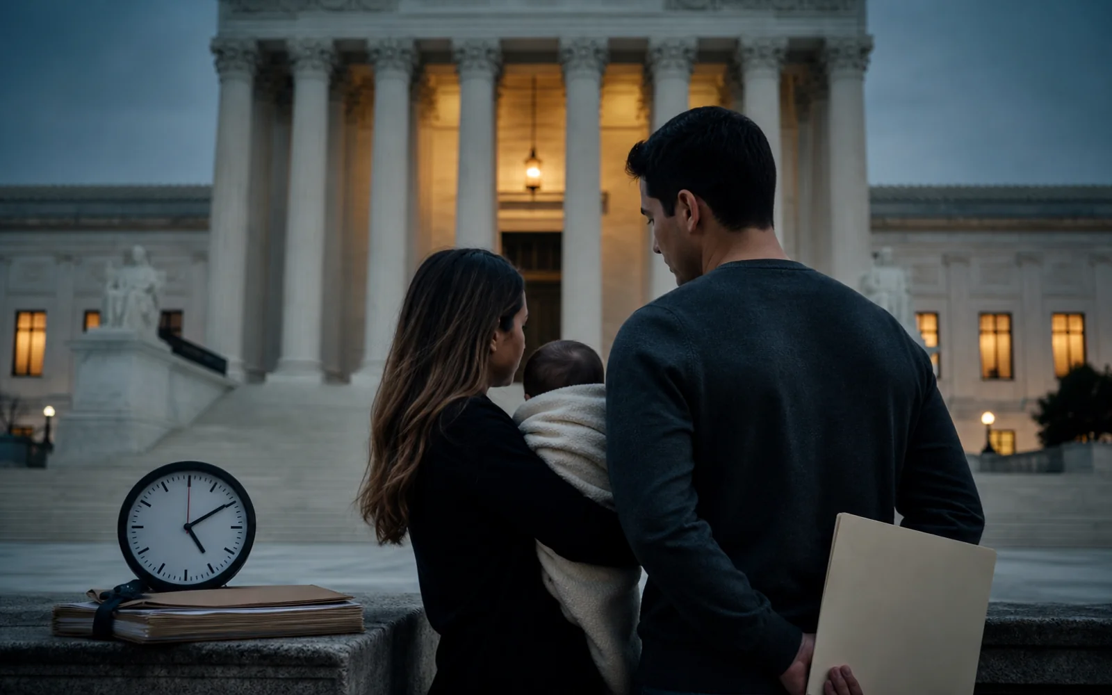 Un couple avec un nouveau-né et un dossier d’état civil devant les marches de la Cour suprême des États-Unis au crépuscule