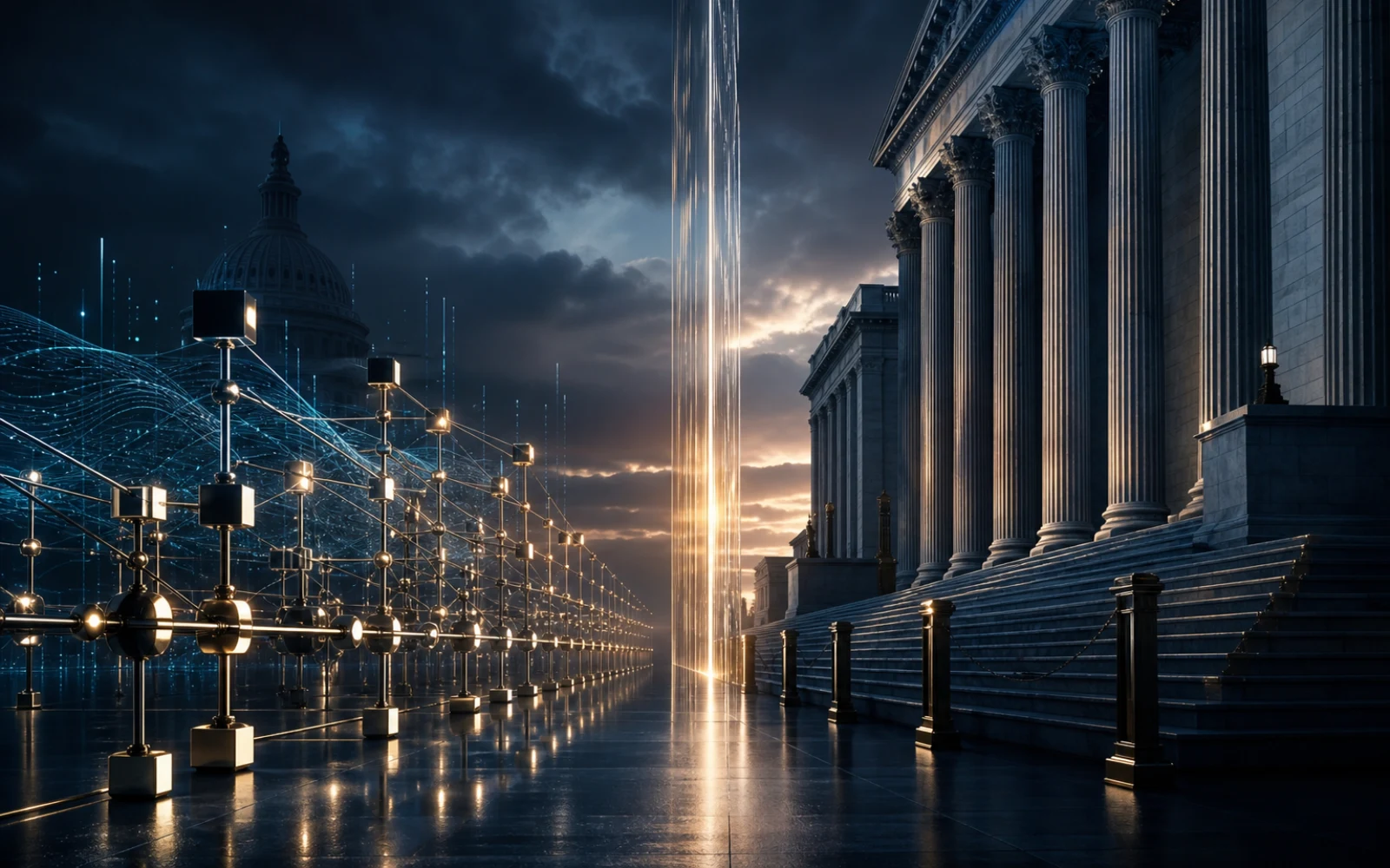 Infrastructure crypto arrêtée devant une barrière lumineuse et une architecture institutionnelle