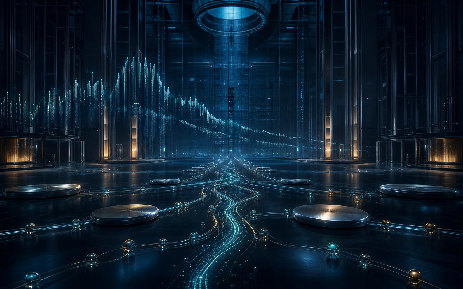 Infrastructure financière numérique sombre traversée par des flux de liquidité qui se resserrent