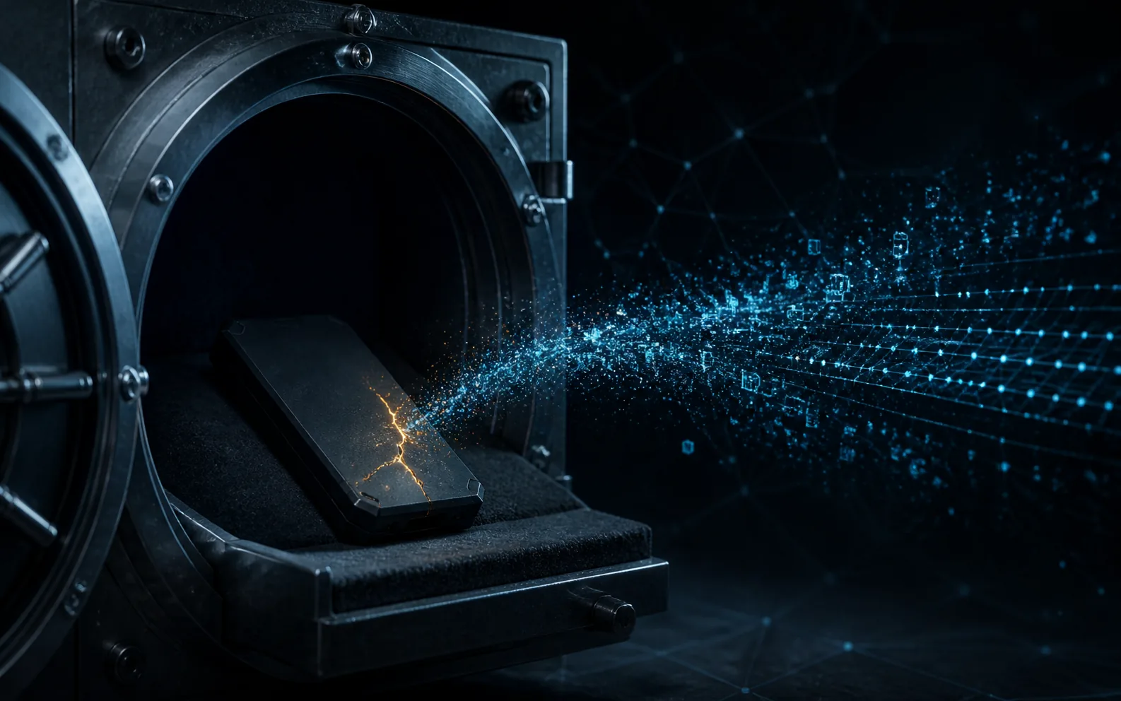 Un portefeuille matériel fissuré dans un coffre dont s’échappent des données cryptographiques