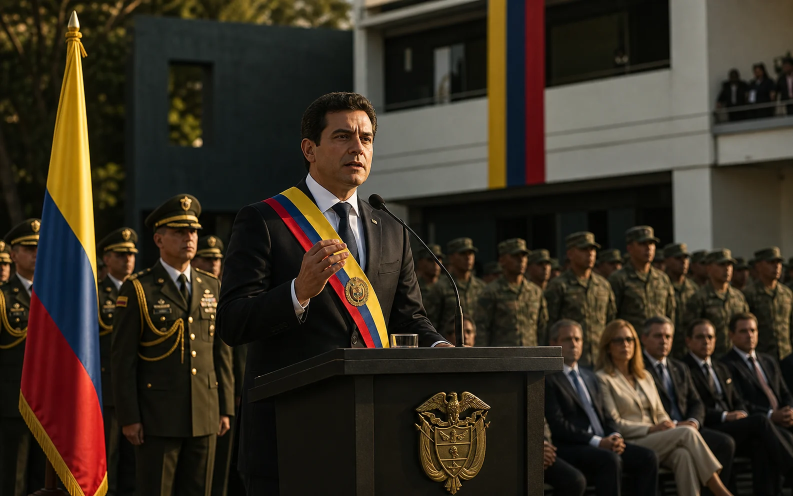 Un président colombien prononce un discours devant des soldats et des civils dans une enceinte militaire à Cali