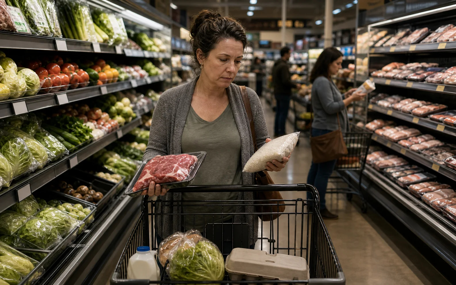 Une cliente compare un paquet de bœuf et un produit de base devant son chariot peu rempli