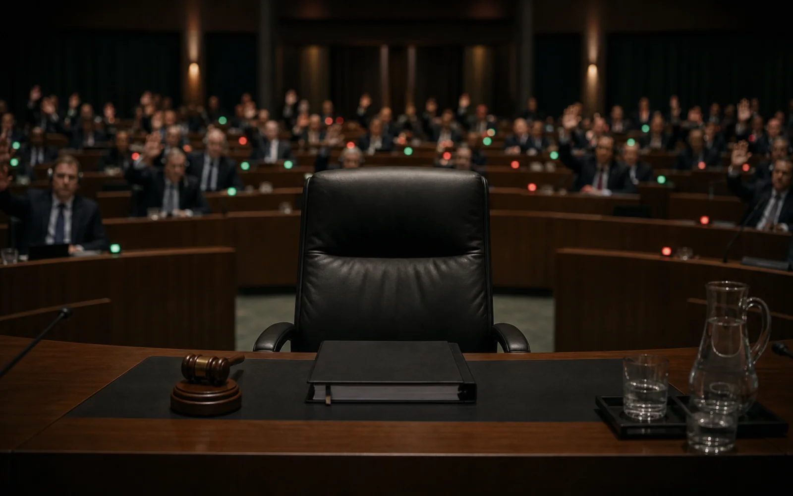 Un siège de procureur vide devant une assemblée internationale en plein vote