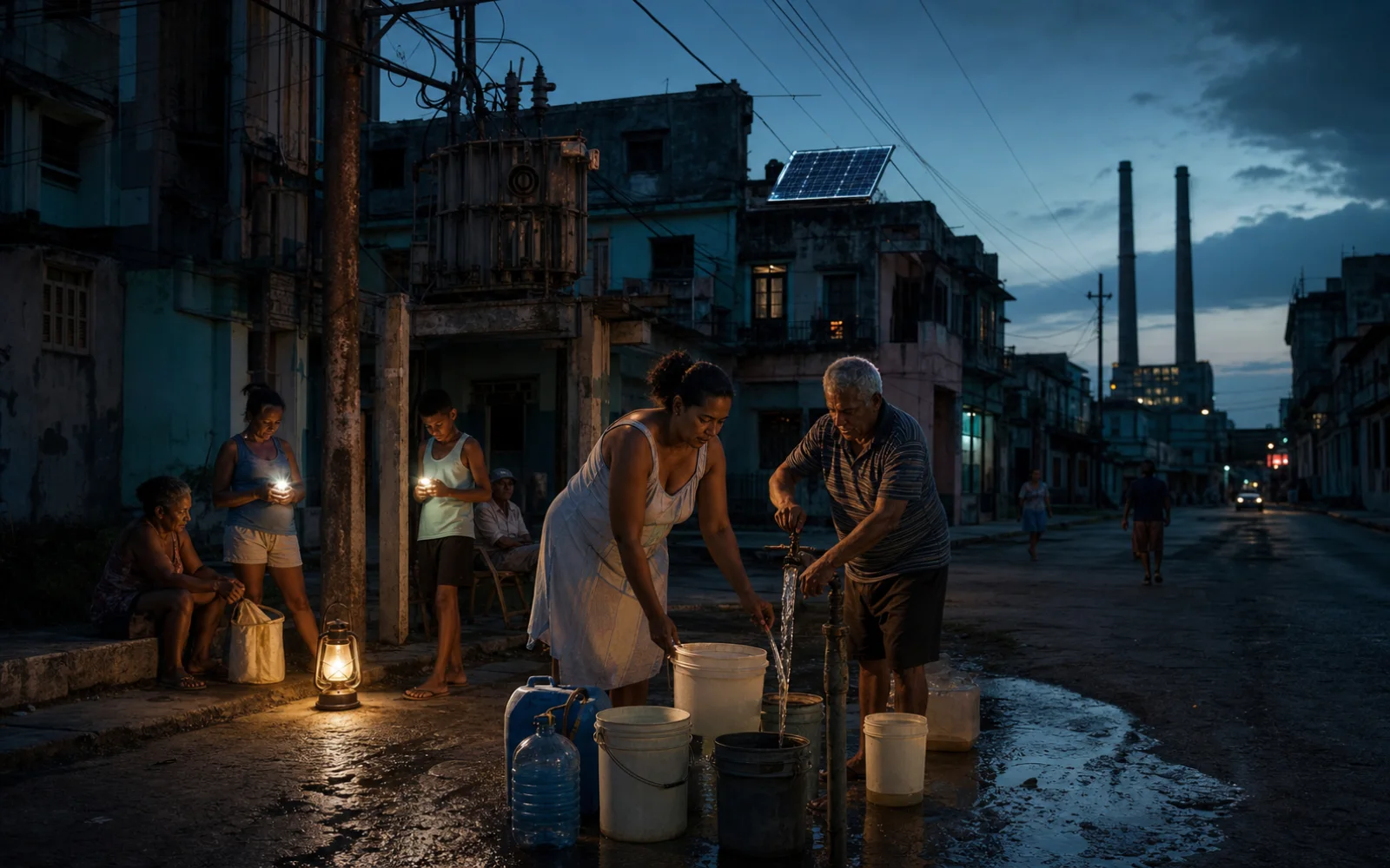 Des habitants de La Havane remplissent des récipients d’eau sous un transformateur éteint pendant une panne au crépuscule