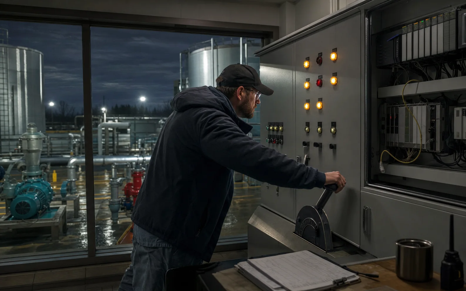 Un opérateur actionne manuellement une commande dans une station municipale de traitement de l’eau