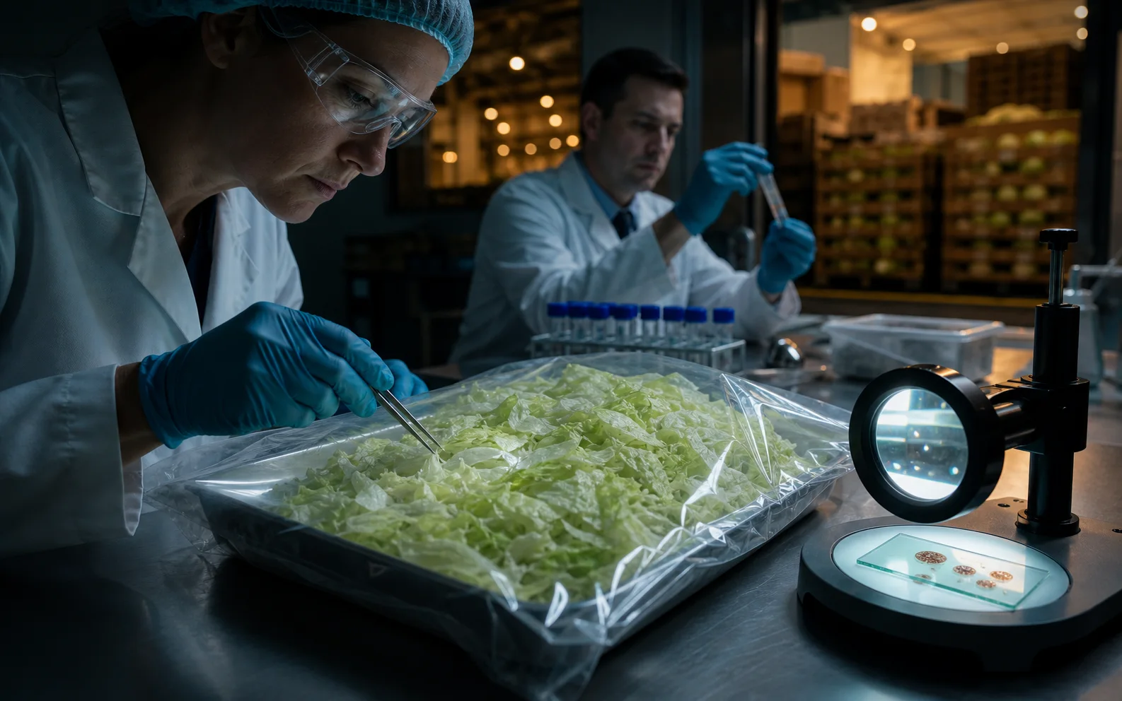 Des scientifiques analysent un lot de laitue iceberg sous scellé dans un laboratoire alimentaire
