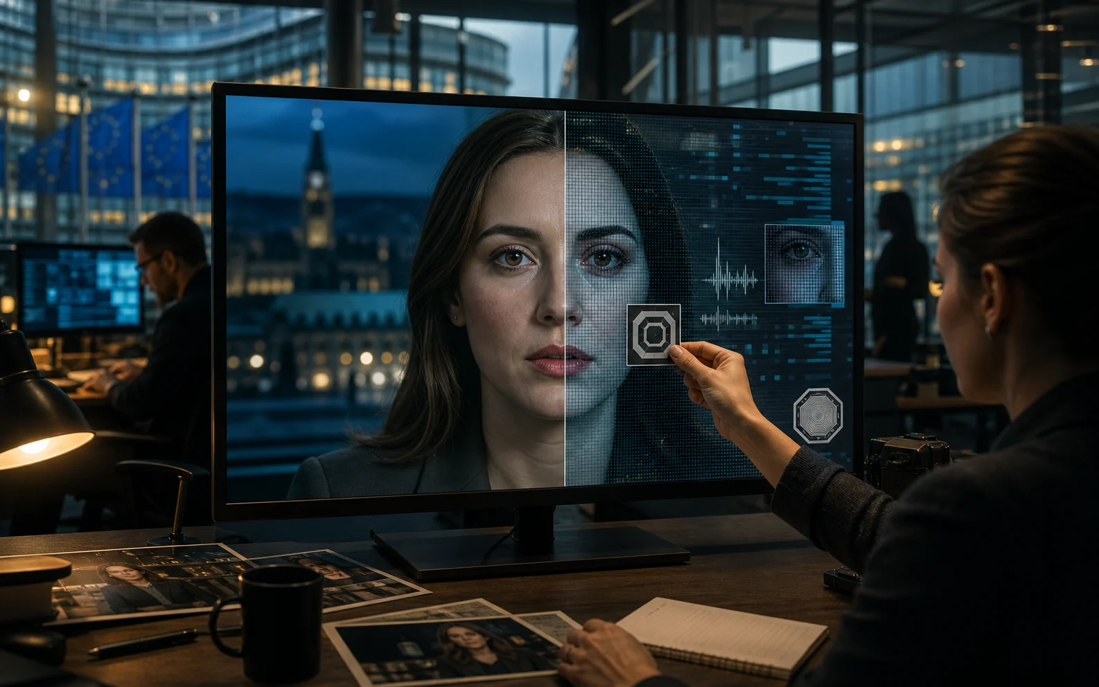 Une journaliste compare le visage réel et la version synthétique d’une même personne sur un écran de vérification